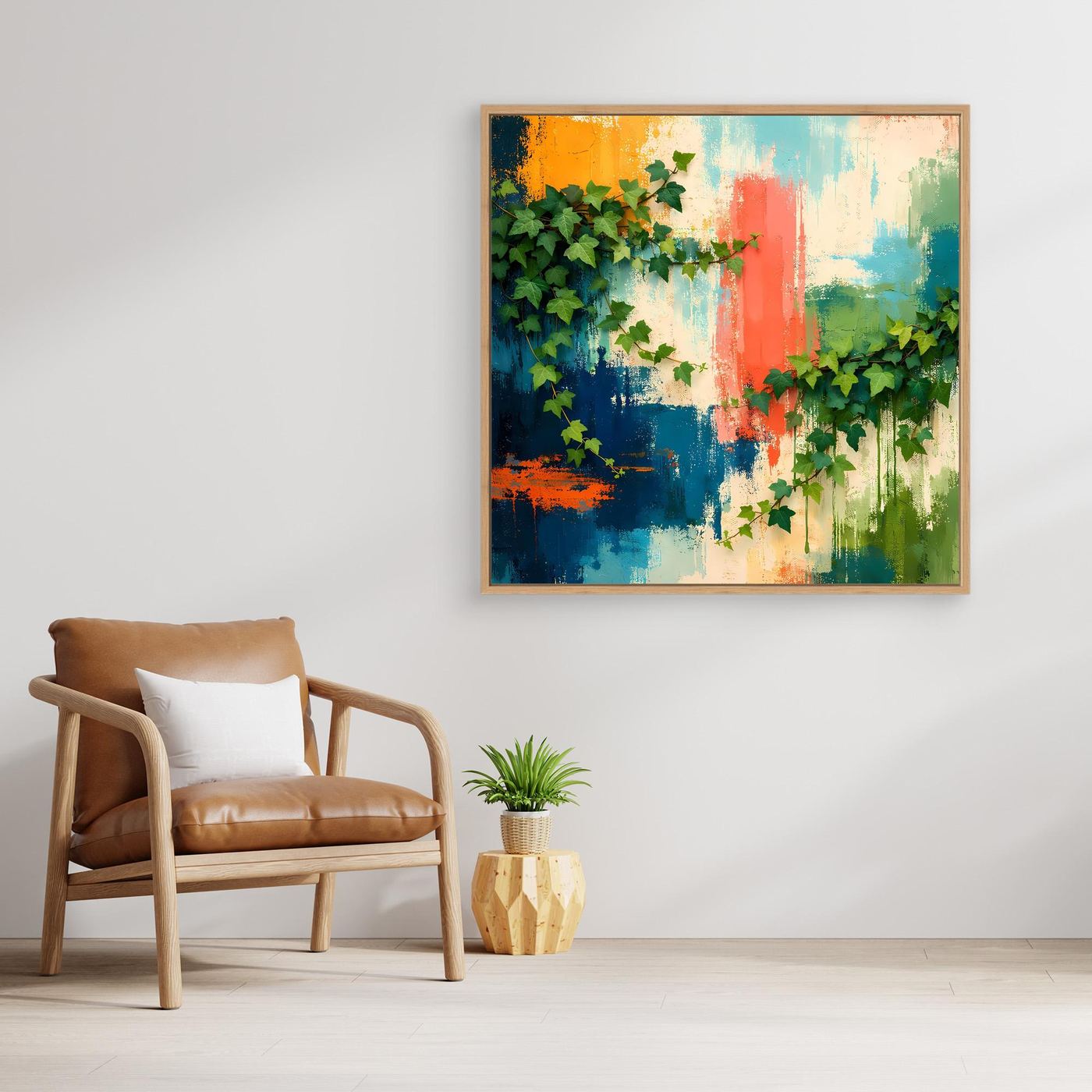 Gerahmtes Leinwandbild mit Efeuranken-Motiv in Blau, Grün und Rot auf Leinwand