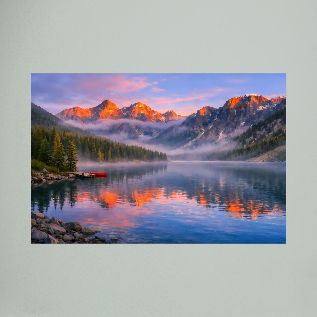Wandbild im Querformat mit Alpenpanorama: Berge, Nebel am See und orangefarbene Lichtkante.