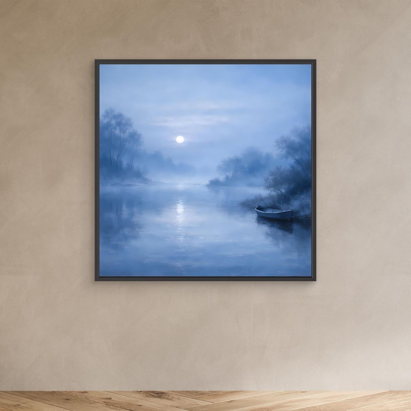 Wandbild mit blauem Fluss bei Mondlicht, Nebel und Boot; schwarzer Rahmen