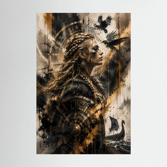 Hochformat-Poster mit Wikingerin im Profil, gold-schwarz, Raben und Langschiff