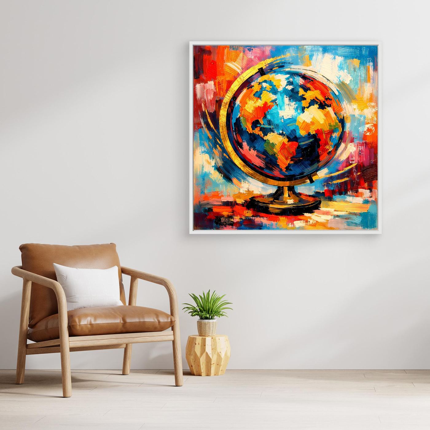 Abstraktes Leinwandbild mit Globus und Weltkarte, bunte Pop-Art, weißer Rahmen