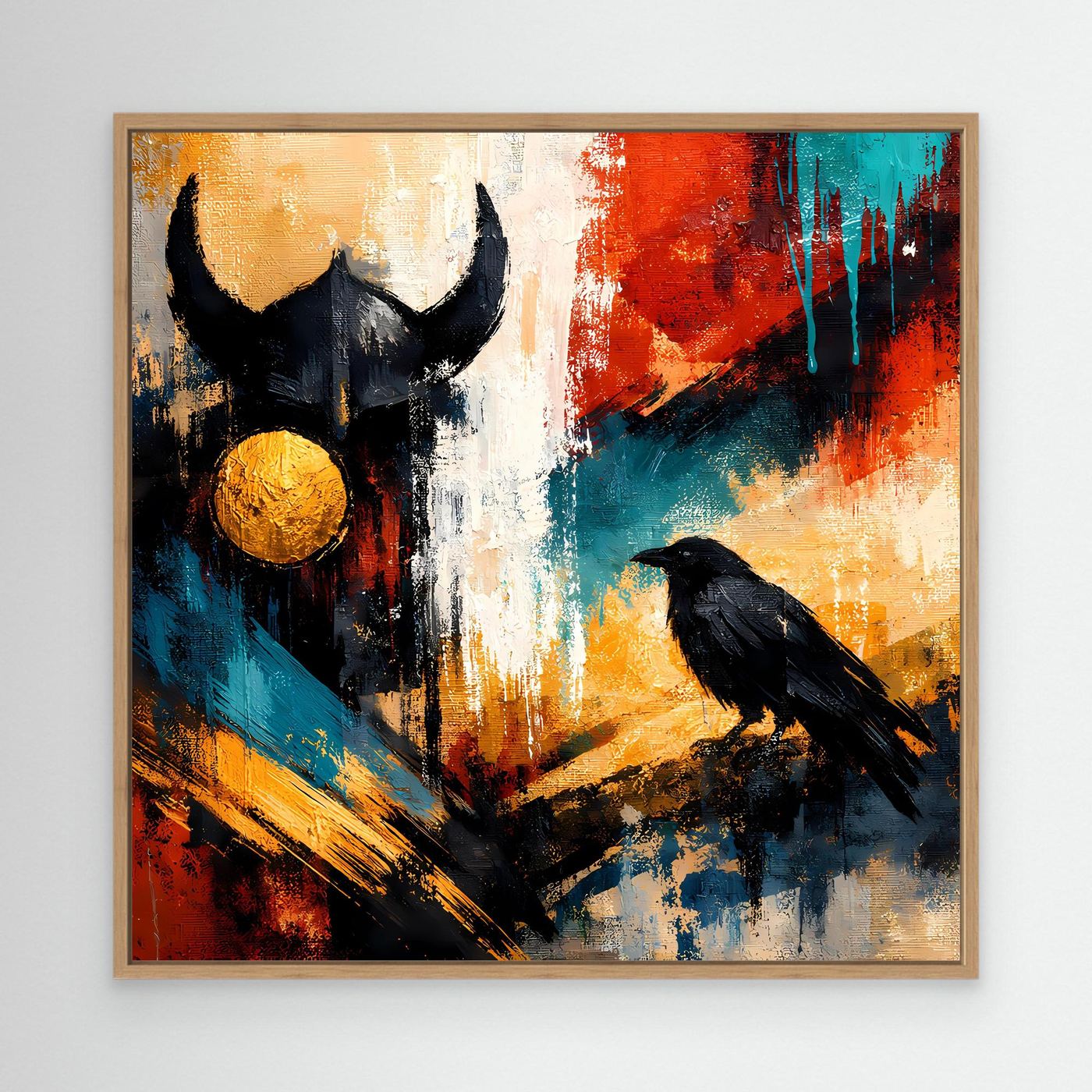 Abstraktes Odin-und-Rabe-Leinwandbild mit hellem Holzrahmen, schwarze Figuren, Rot-Blau-Akzente