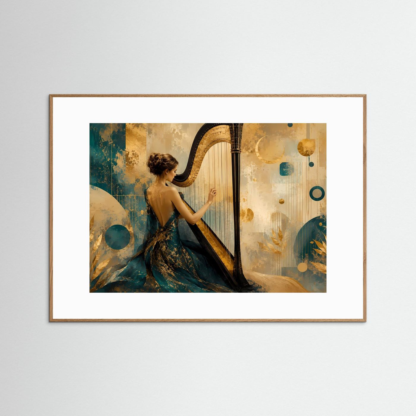 Harmonie in Blau und Gold | Elegantes Harfenistin-Poster Querformat
