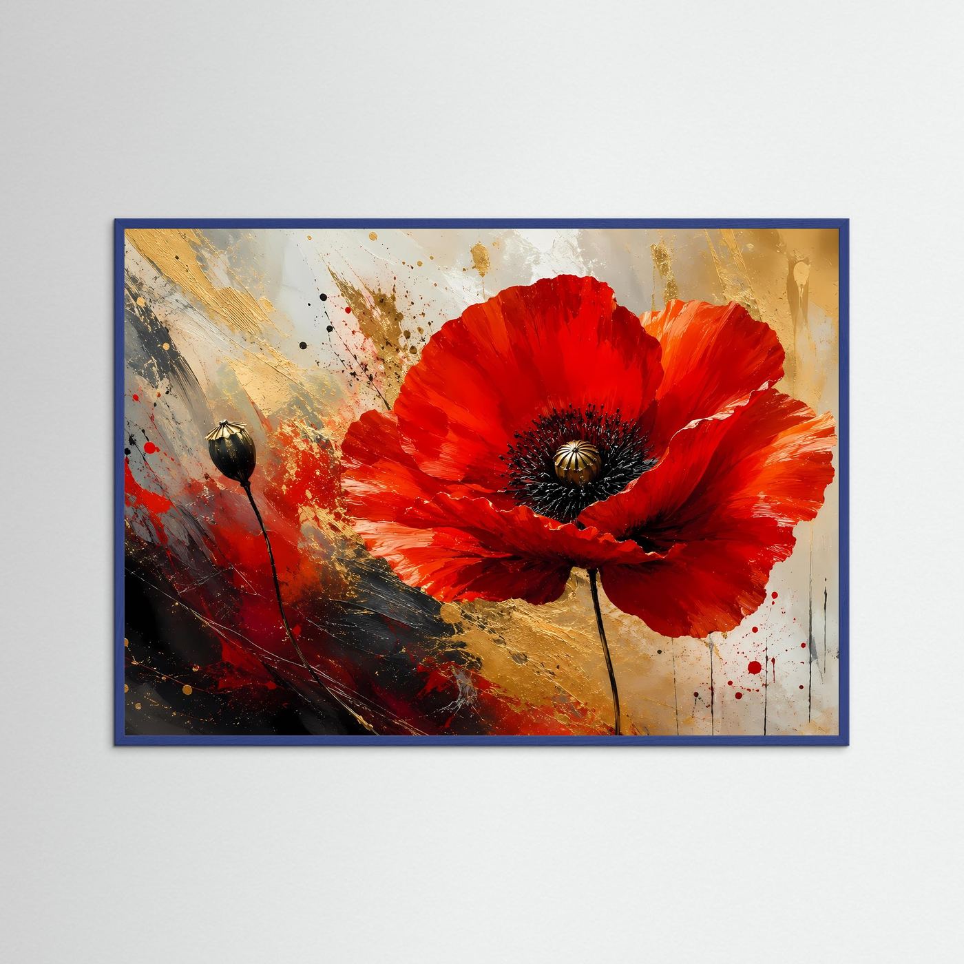 Roter Mohn in Gold & Schwarz | Abstrakte Mohnblume Wandkunst