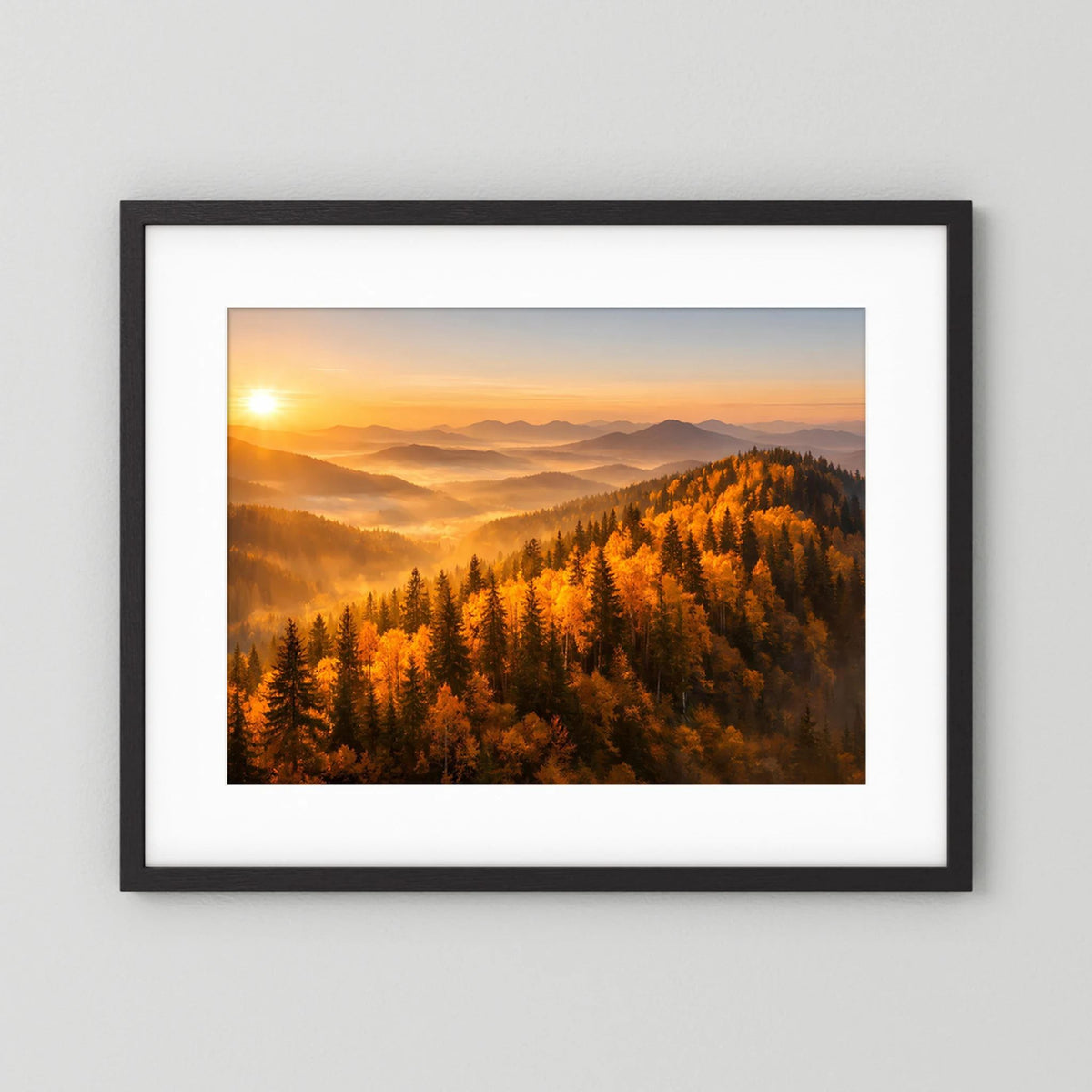 Querformat-Wandbild mit schwarzem Rahmen und weißem Passepartout, Herbstwald bei Sonnenaufgang