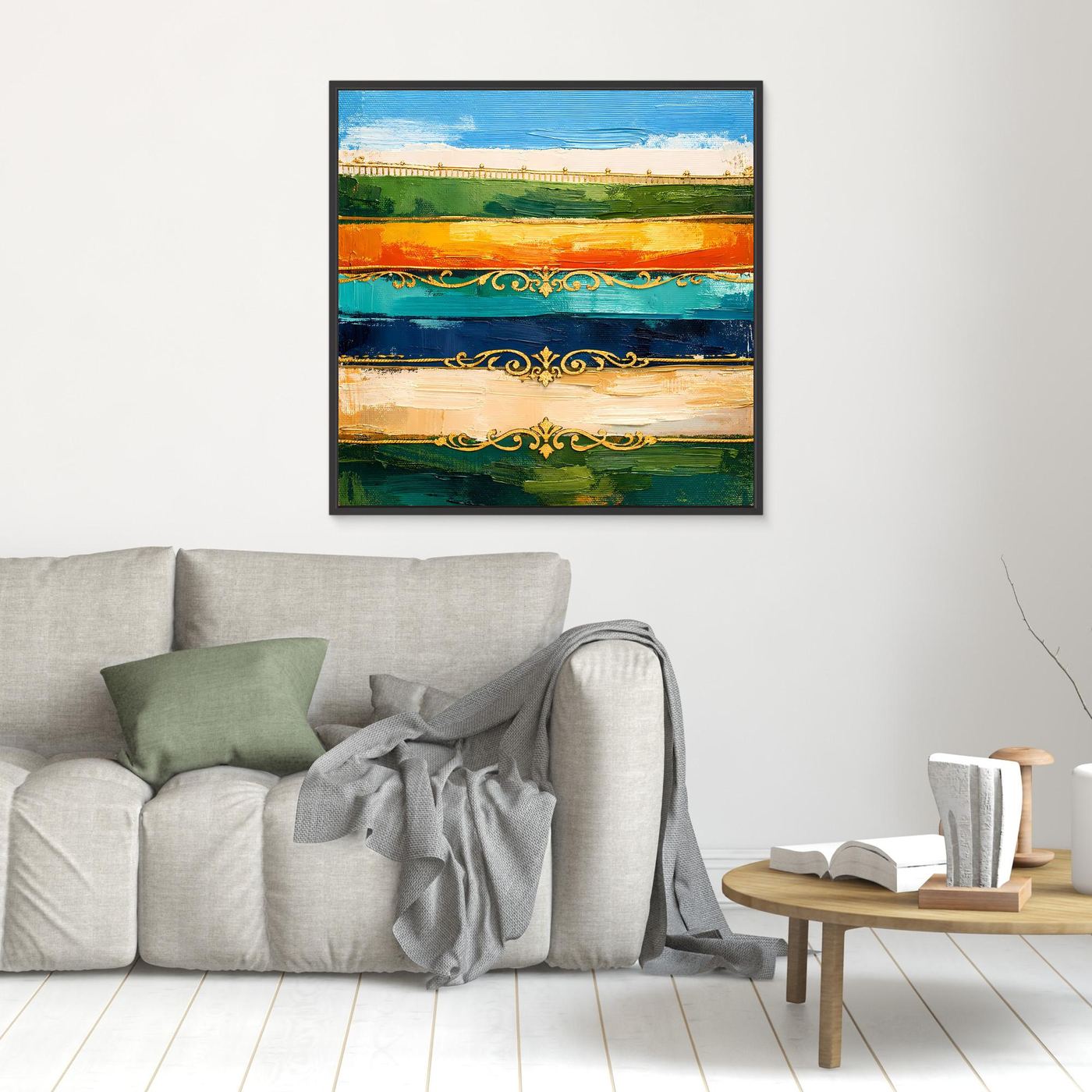 Leinwand Elegante Abstrakte Farbstreifen | Modernes Wandbild mit Goldornamenten