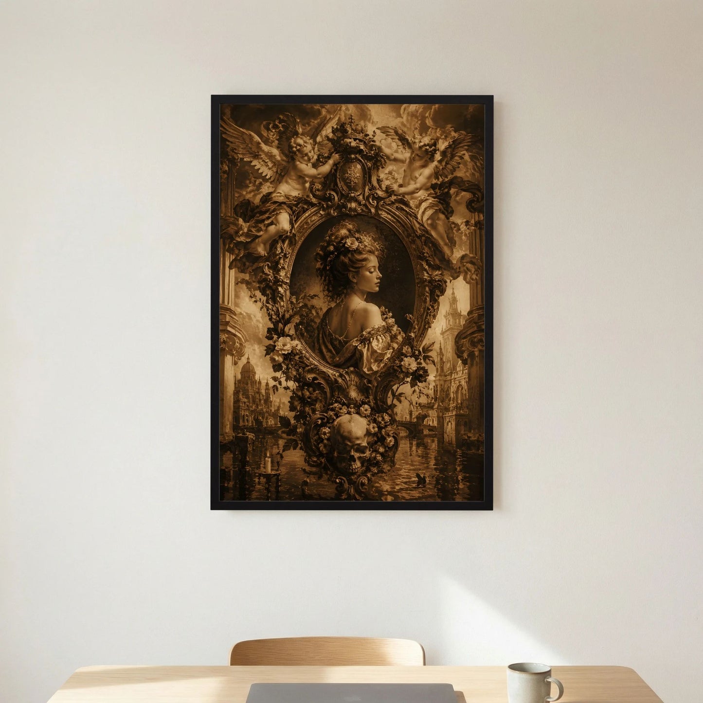 Gothic-Poster im Hochformat mit barocker Frau im Oval, Engelsdarstellungen und floralen Motiven, schwarz