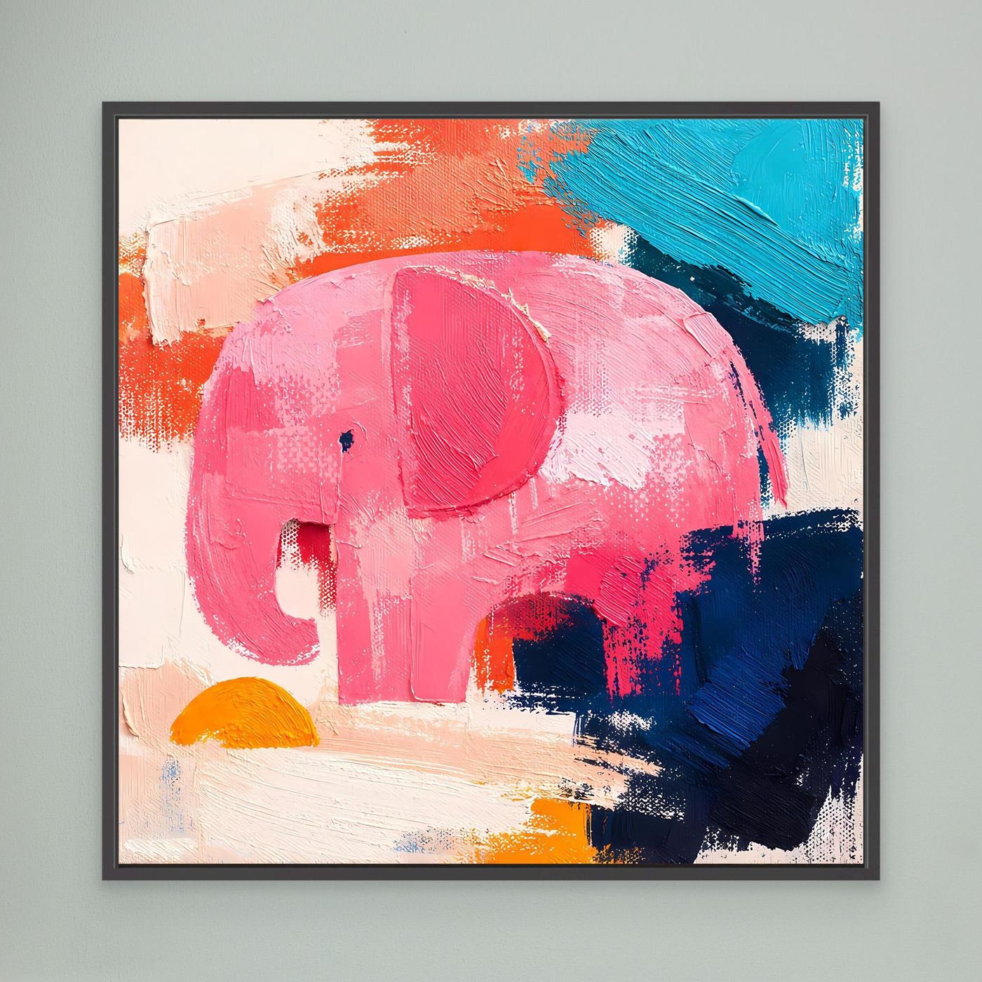 Black-framed abstract elephant canvas painting with pink, blue, orange brushstrokes