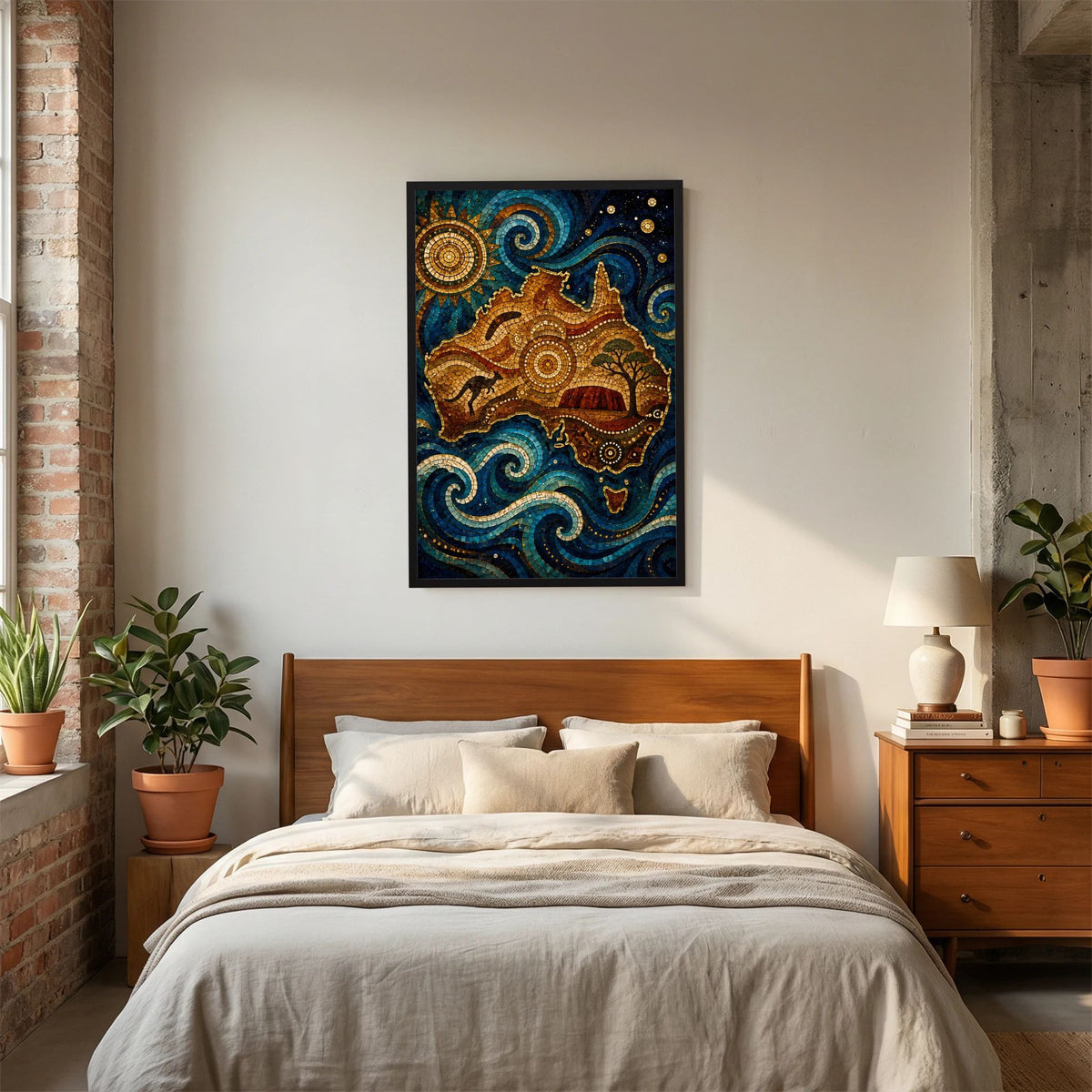 Gerahmtes Poster mit Mosaik-Landschaft, Wellen, Känguru-Silhouette und goldenen Kreisen
