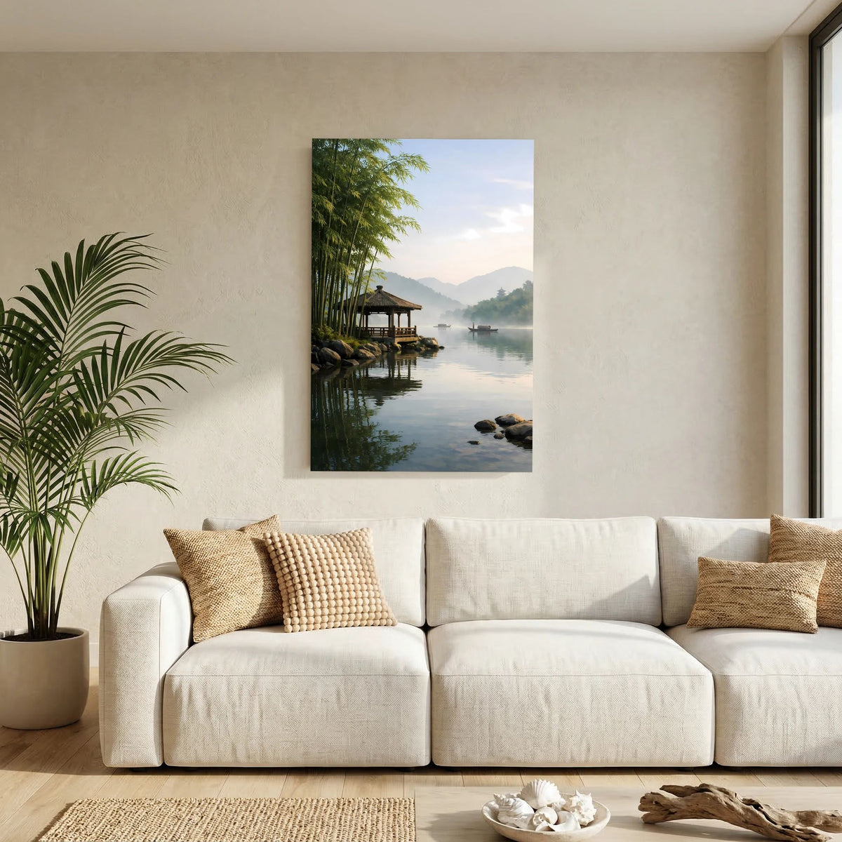 Hochformat-Wandbild mit Bambus am Flussufer und Steg-Pavillon