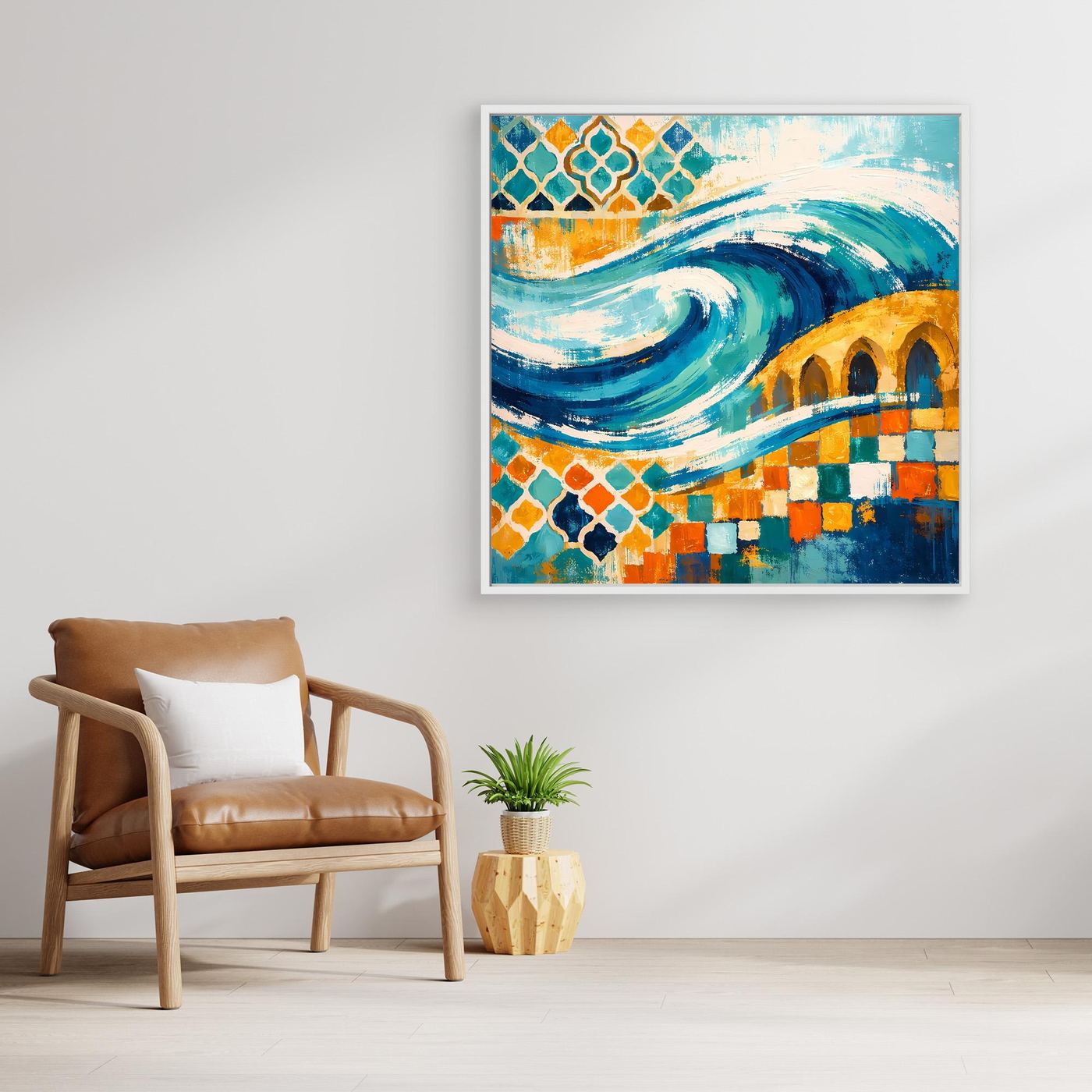Abstraktes Leinwand-Wandbild mit Mosaikornamenten und türkisblauer Welle, Blau-Grün-Gelb