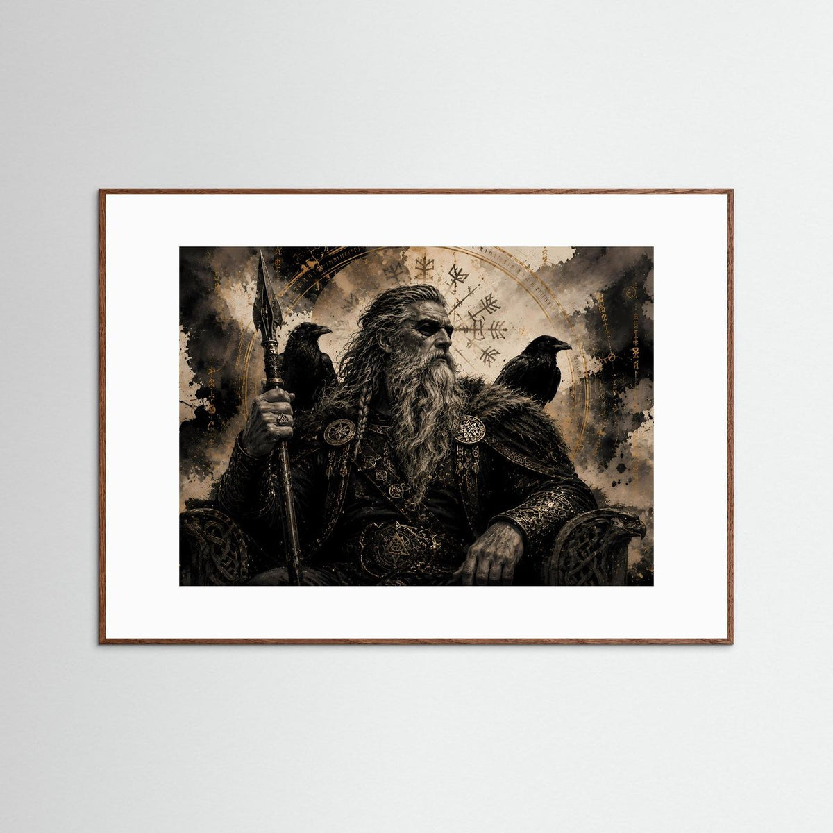 Querformat-Poster: bärtiger Rabenkrieger mit Speer, Runen und Rabe, Sepia, dunkler Holzrahmen