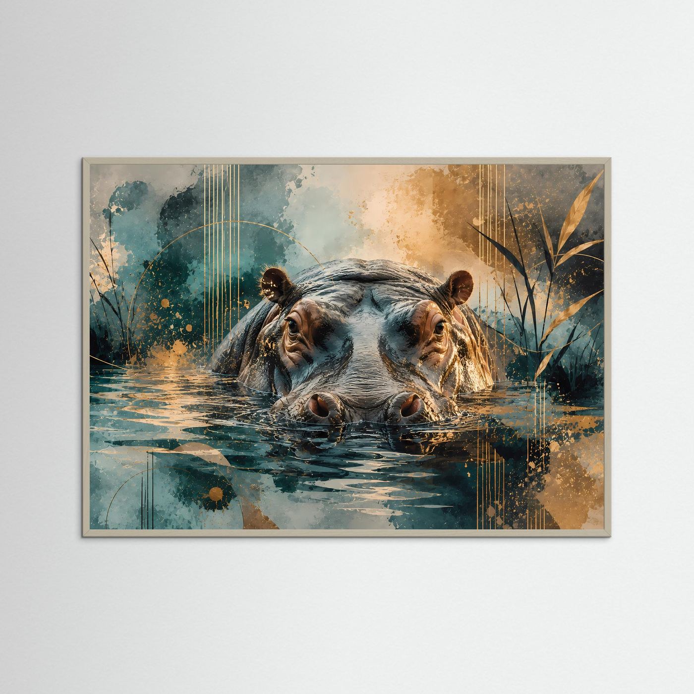 Majestätisches Nilpferd im Wasser | Abstrakte Tierkunst in Petrol, Gold, Beige & Schwarz | Modernes Hippo Wandbild im Querformat mit luxuriösen Goldakzenten