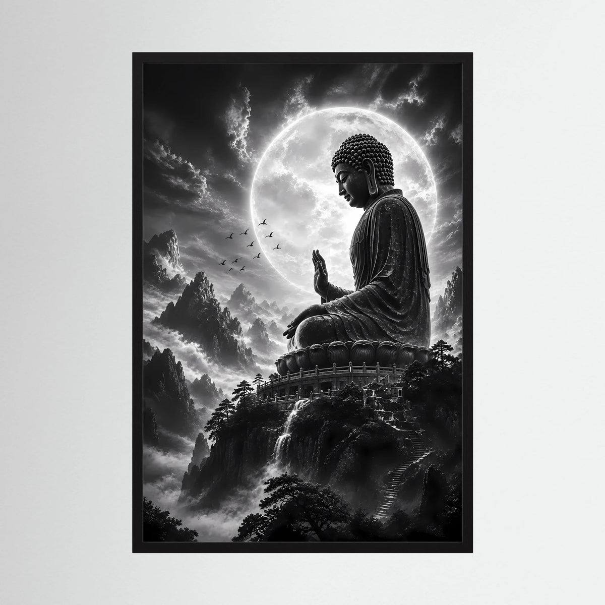 Hochformat-Poster mit sitzendem Buddha, umgeben von Bergen und Mondlicht, in schwarzem Rahmen