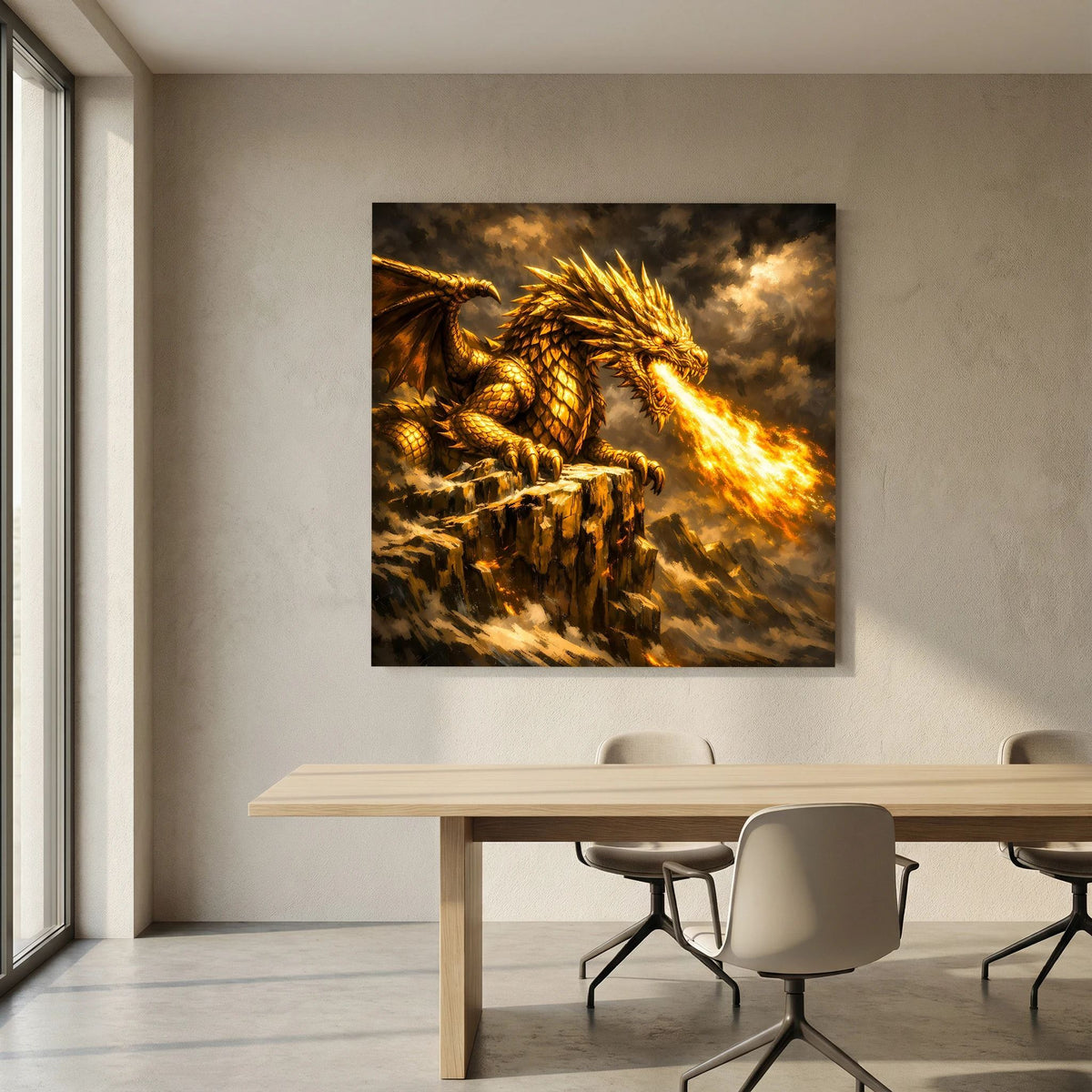 Leinwand-Fantasy-Wandbild mit goldenem Drachen auf Fels, Feueratem in kräftigem Leuchten
