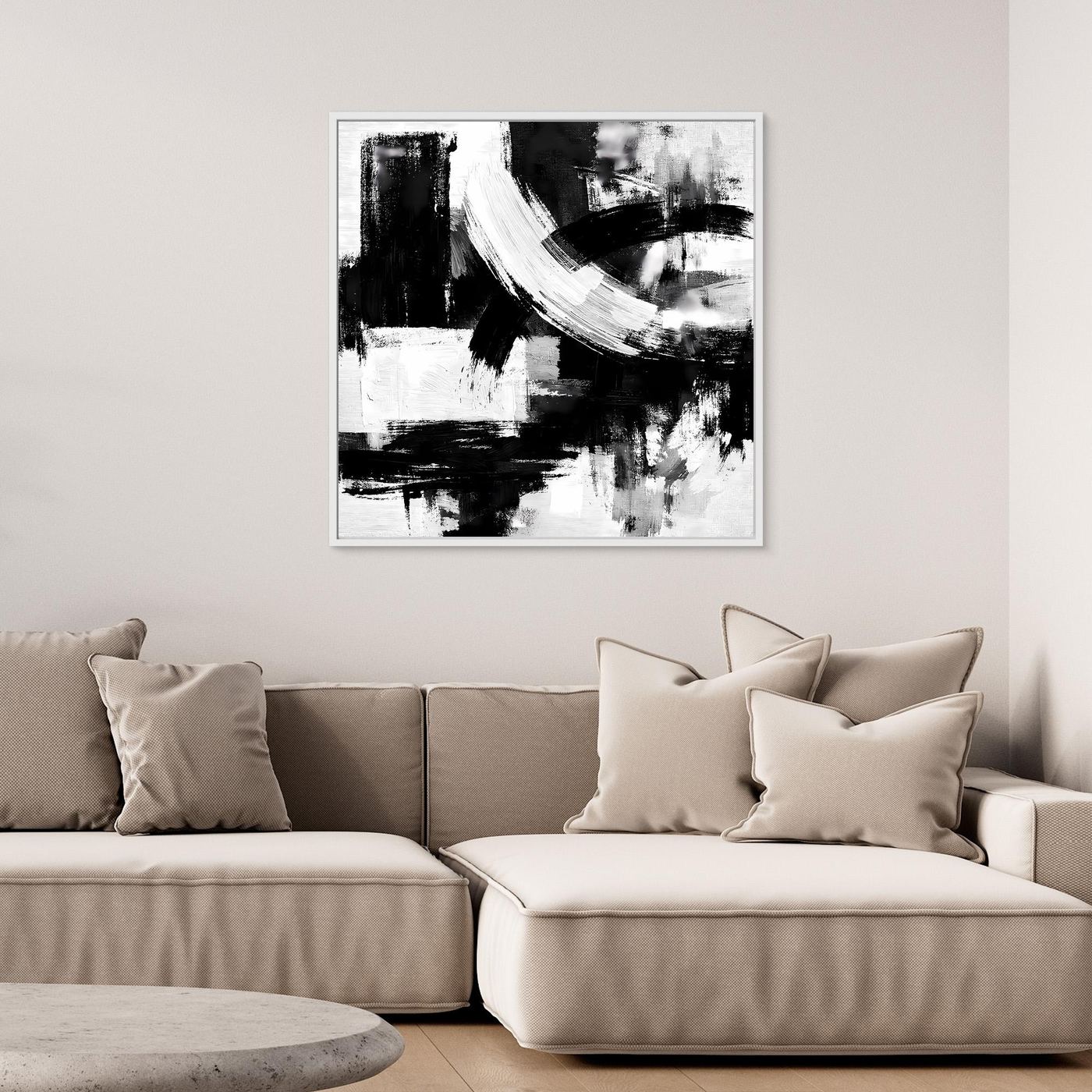 Abstract canvas wall art with black-and-white brushstrokes in square layout, white frame