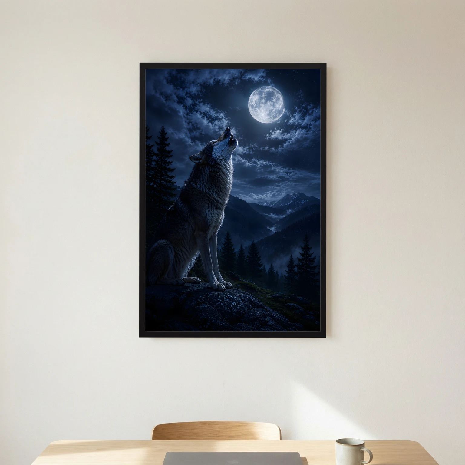 Wandbild im Hochformat mit Rahmen: Heulender Wolf vor Vollmond und Bergen