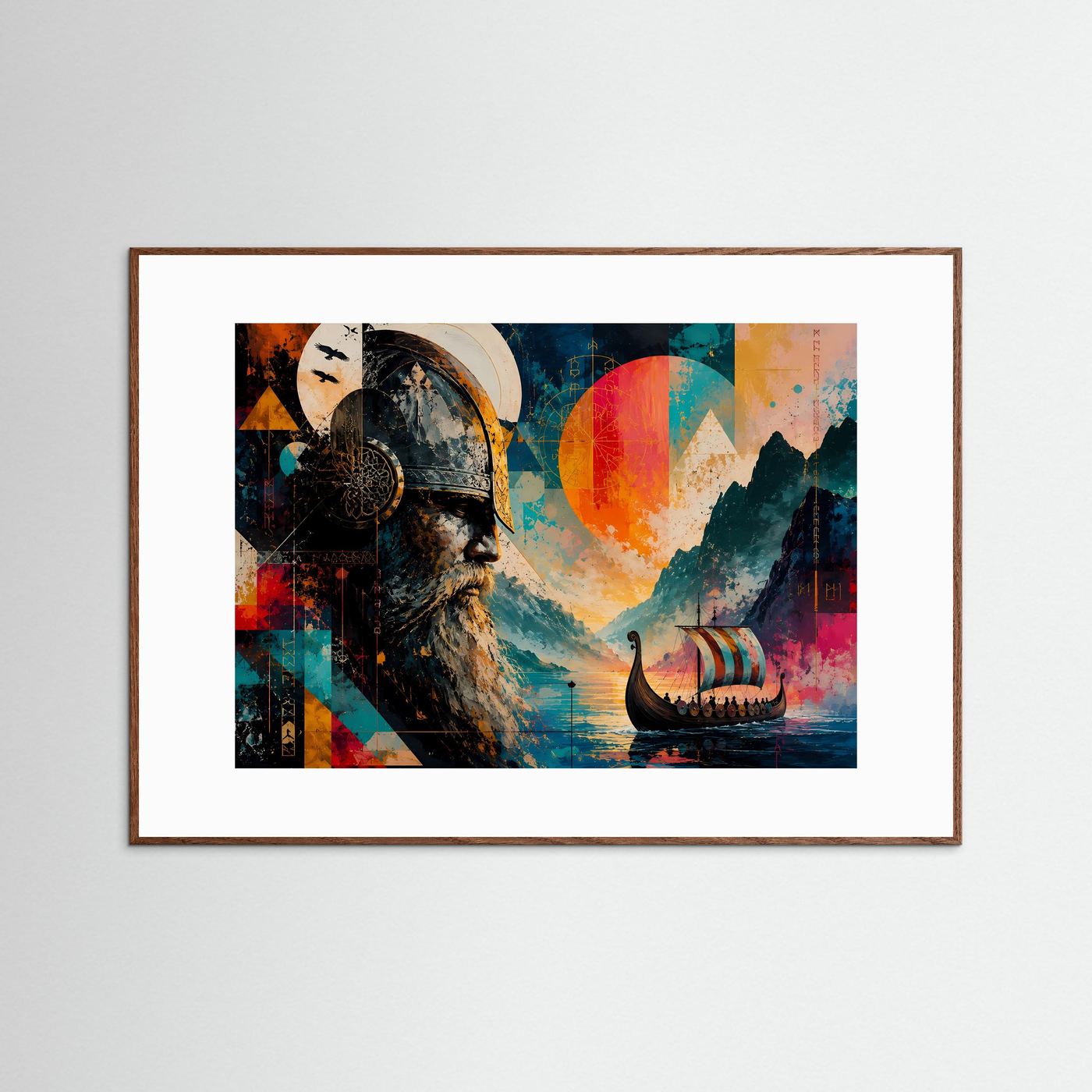 Wikinger Poster | Abstrakte Nordische Kunst mit Langschiff | Odin inspiriertes Wandbild | Moderne Viking Leinwand | Skandinavische Wall Art