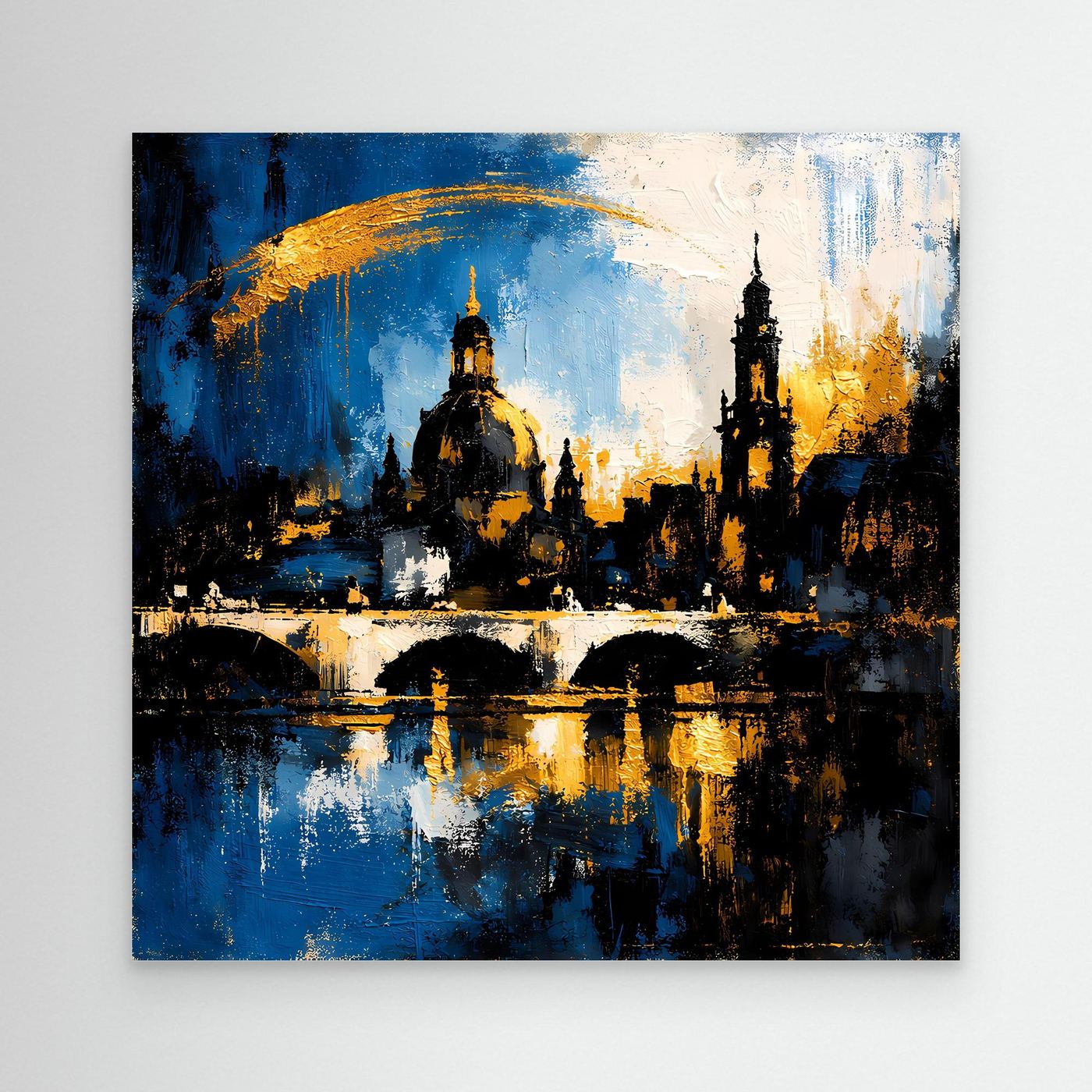 Leinwand-Wandbild mit abstrakter Skyline in Blau, Gold und Schwarz, Elbansicht mit hellem Rahmen