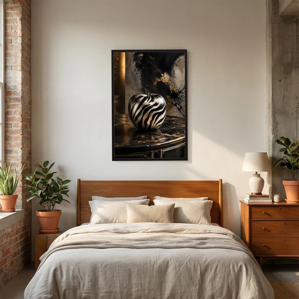 Kunstposter im schwarzen Rahmen mit zebra-gestreiftem Apfel über dem Bett