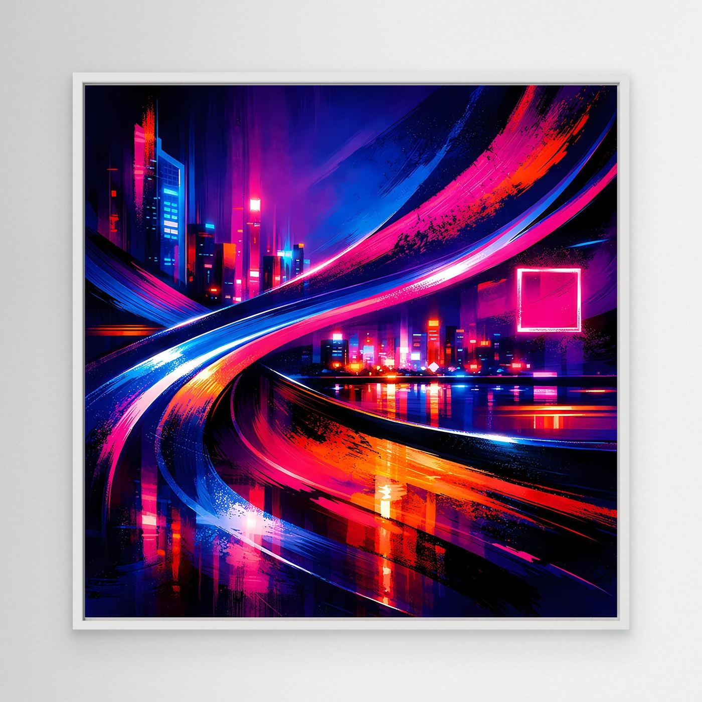 Leinwandbild mit weißem Rahmen, Cyberpunk-Neon-Skyline und farbigen Lichtspuren