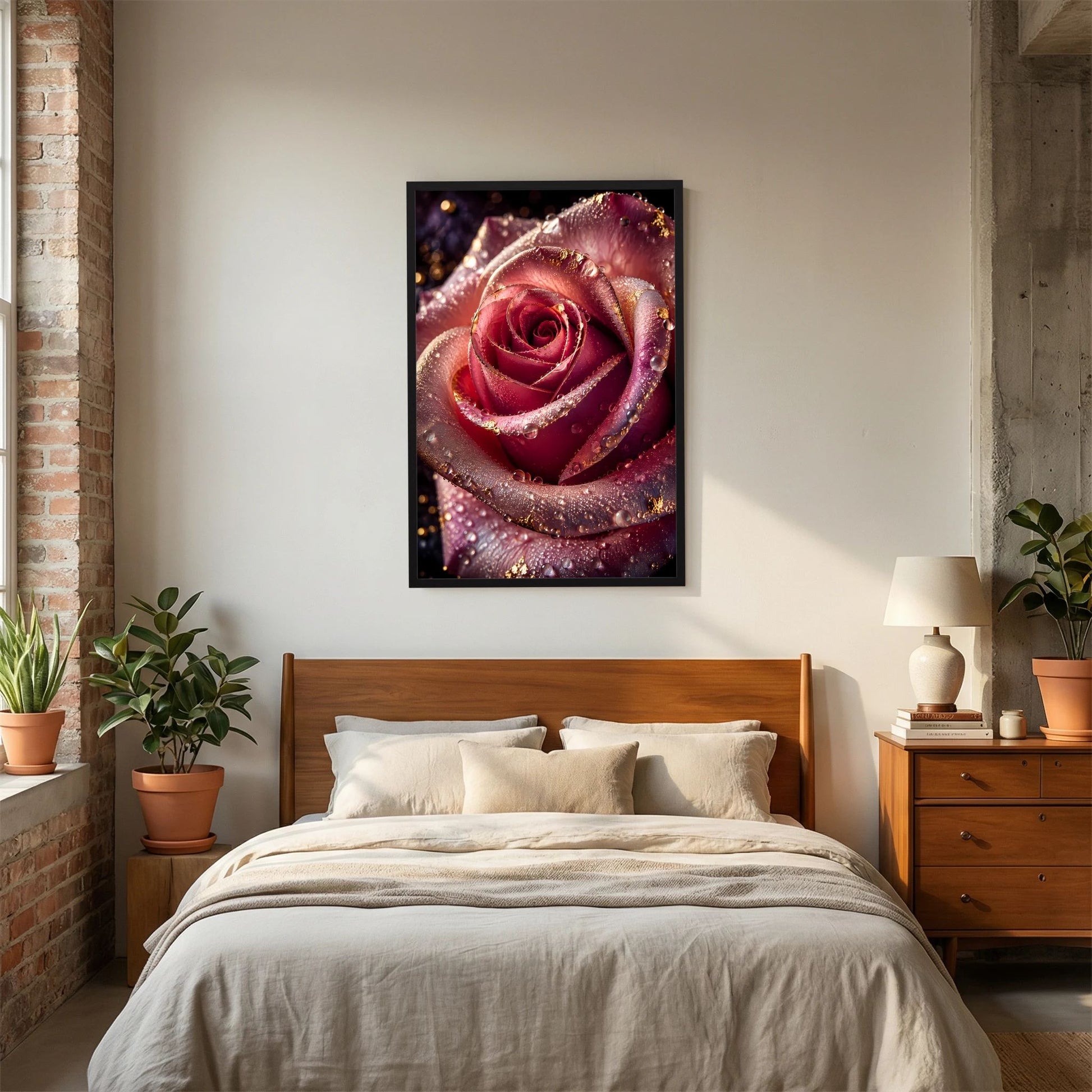 Hochformat-Poster mit roter Rose, Goldakzenten und Wassertropfen im schwarzen Rahmen