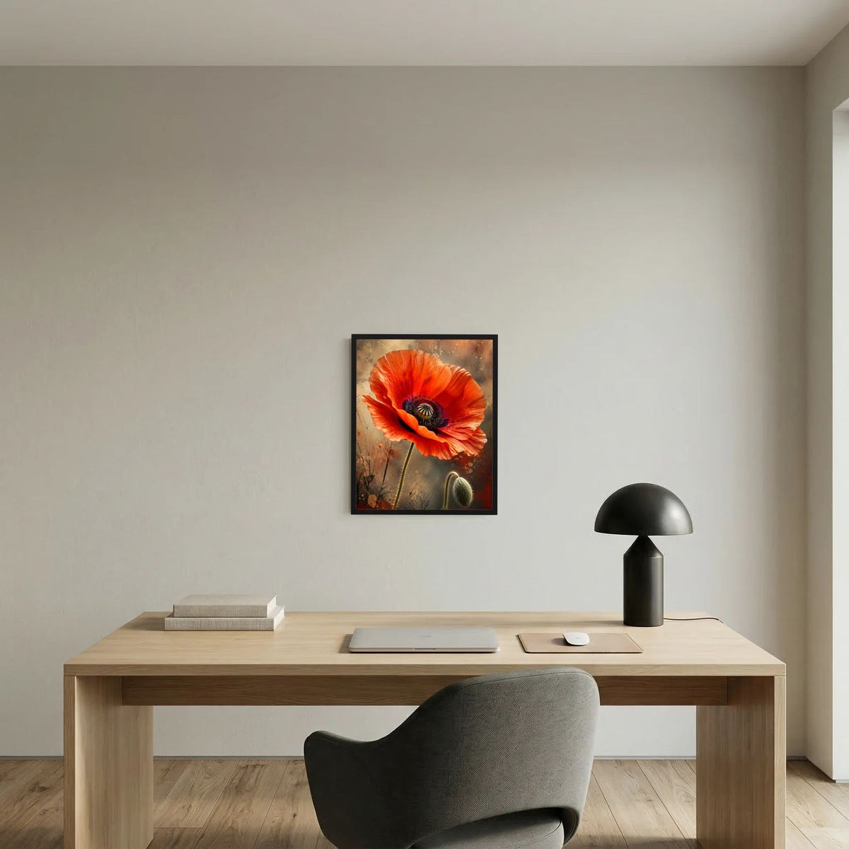 Gerahmtes Poster (Hochformat) mit roter Mohnblüte als Kunstmotiv