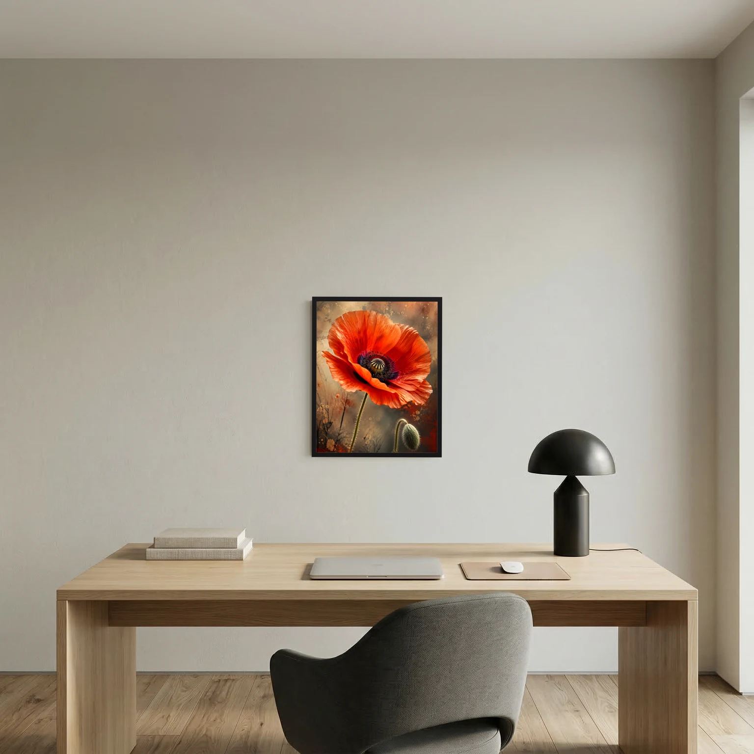 Gerahmtes Poster (Hochformat) mit roter Mohnblüte als Kunstmotiv