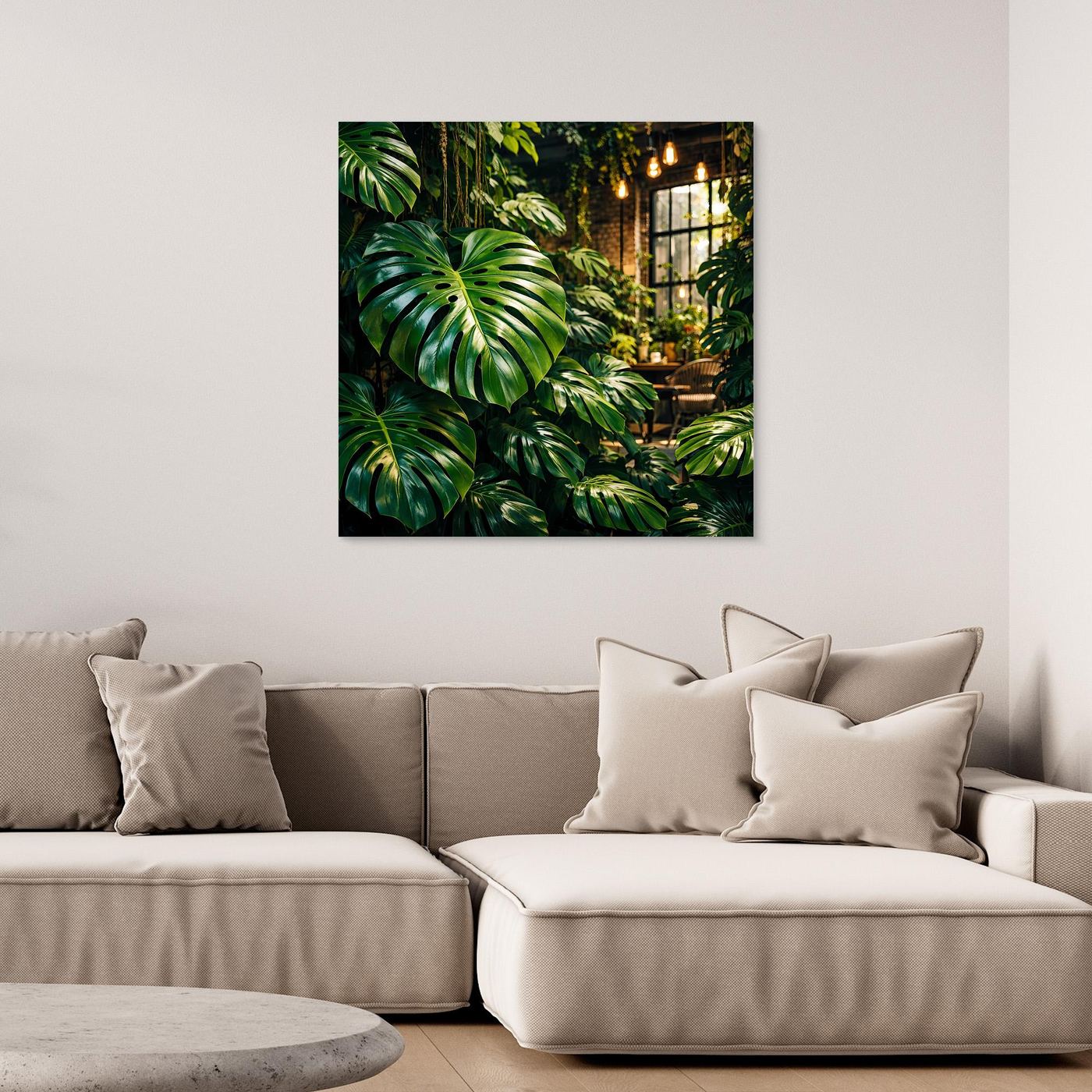 Leinwandbild mit grünen Monstera-Blättern und Dschungelweg, dunkel gerahmt