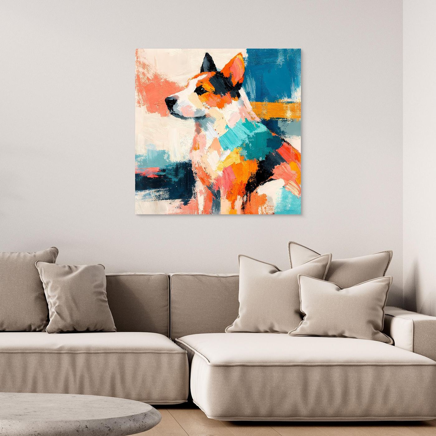 Leinwand-Wandbild mit abstraktem Hund im Pop-Art-Stil, bunte Farbflecken