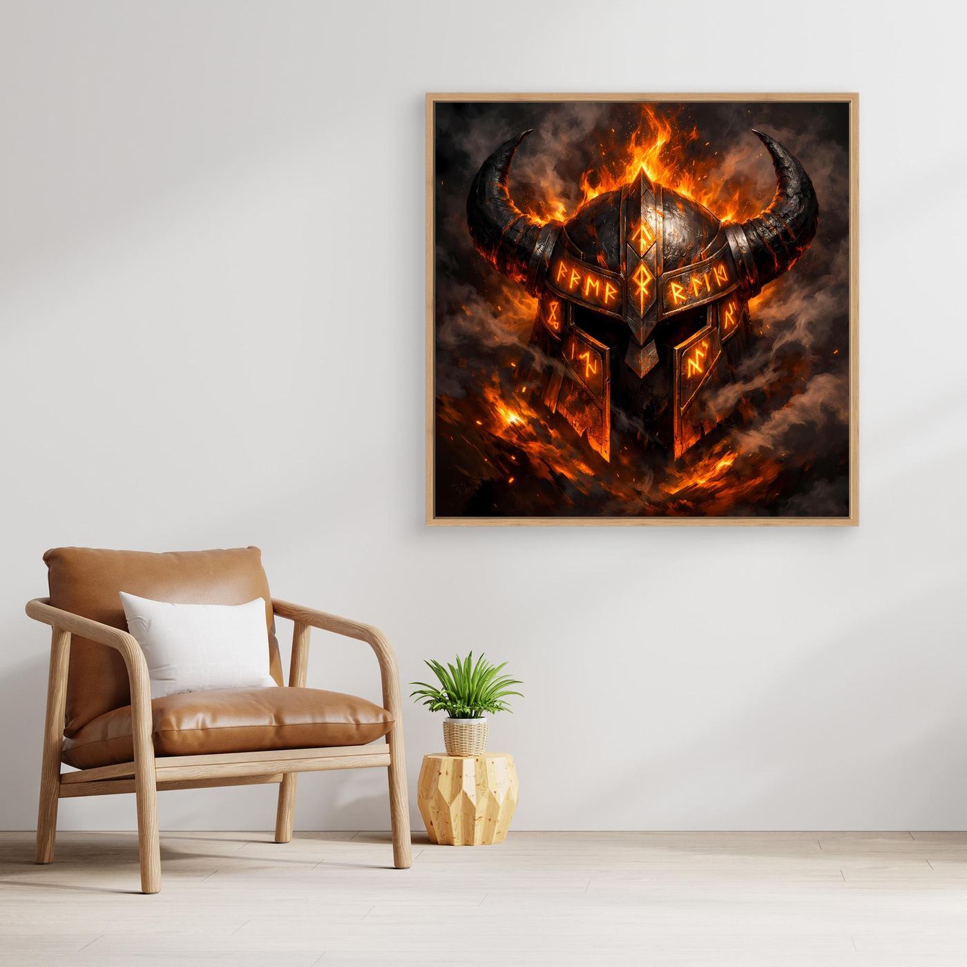Gerahmtes Leinwandbild mit flammendem Wikingerhelm und Runen in dunklem Feuerschein