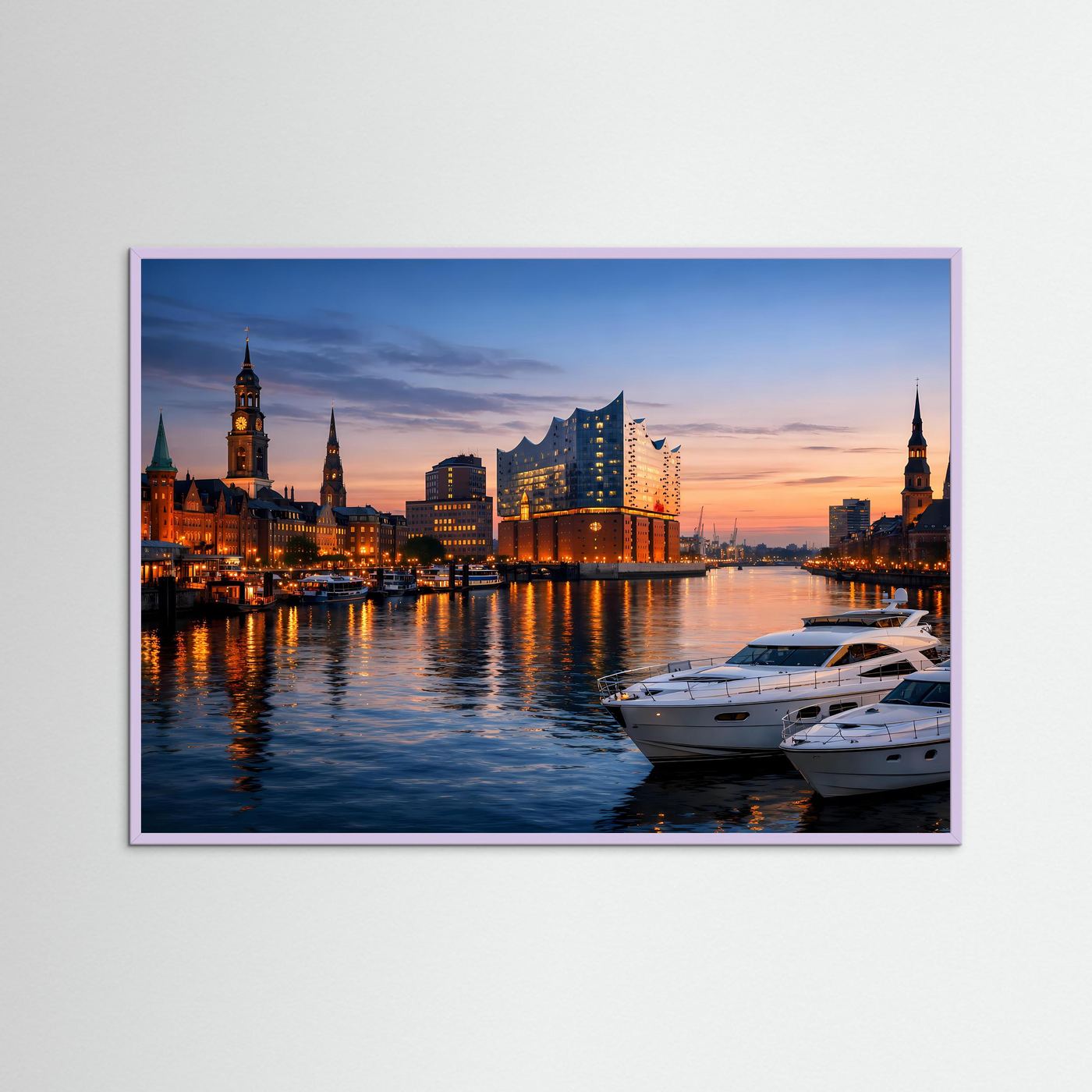 Hamburg-Stadtpanorama-Poster mit Elbphilharmonie bei Dämmerung, lila Rahmen, Querformat