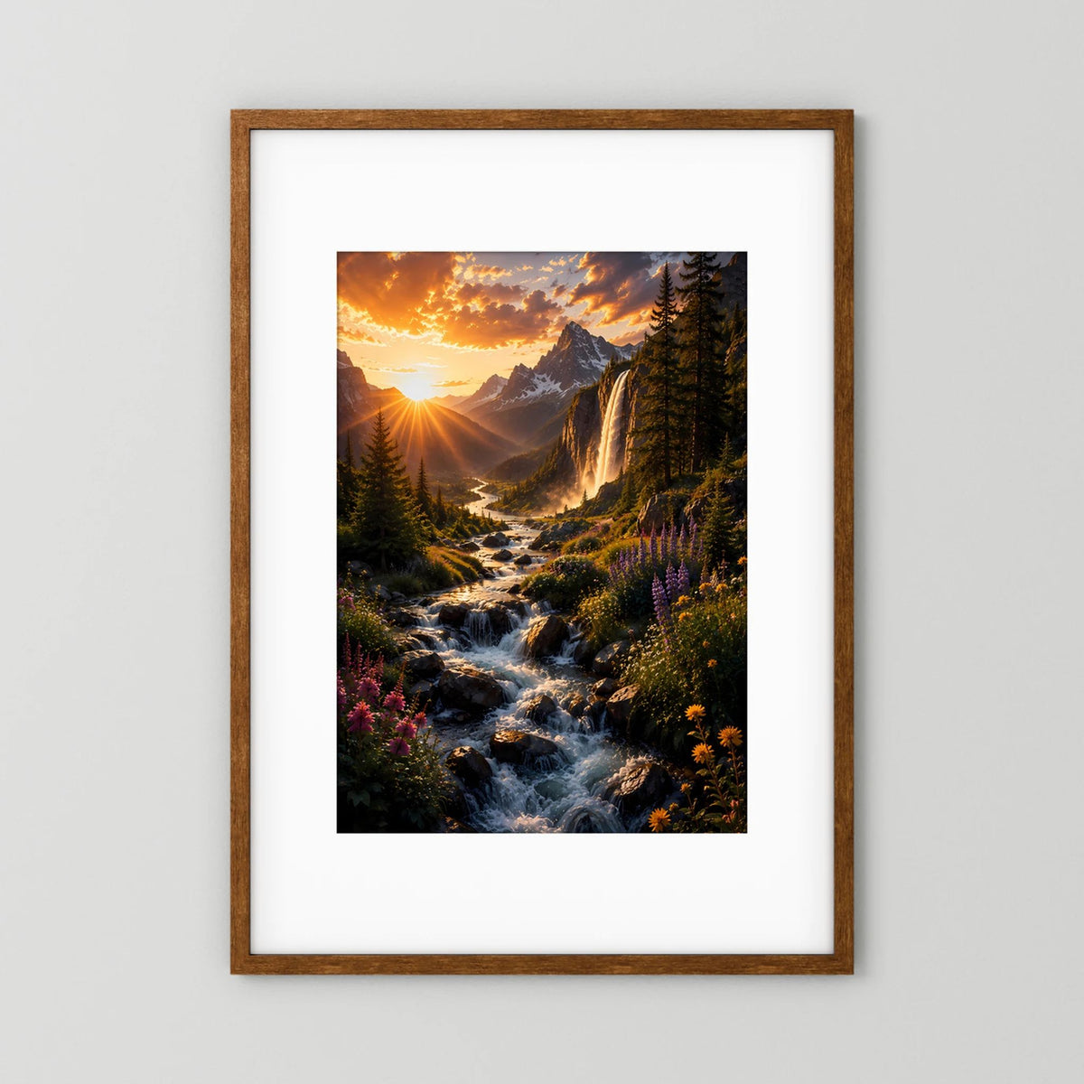Bergwasserfall im Sonnenuntergang | Alpenlandschaft mit Wildblumen & Gebirgsbach | Poster Hochformat