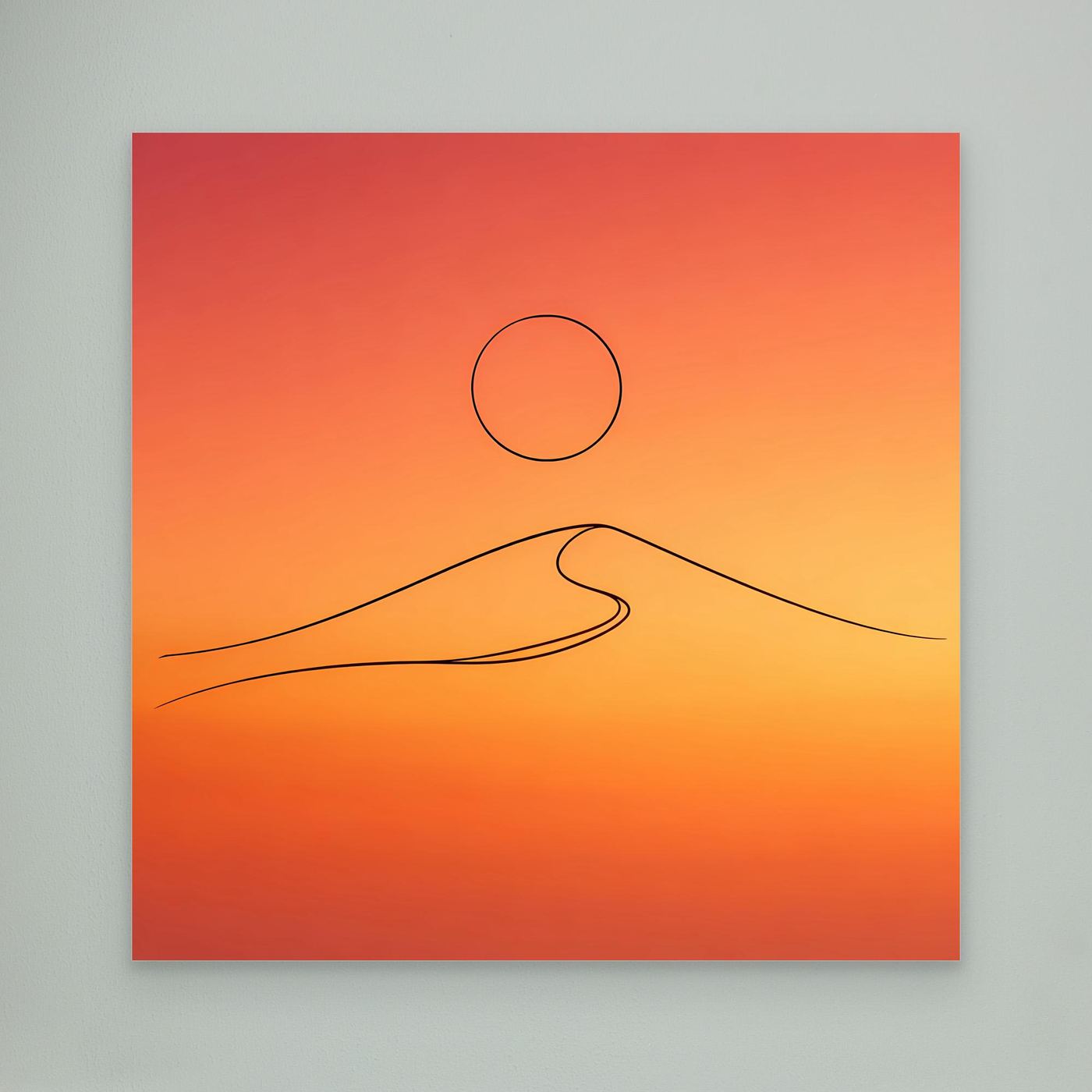 Leinwandbild mit minimalistischer Wüstendüne: Sonne im Kreis und feine Linien, orange Farbverlauf