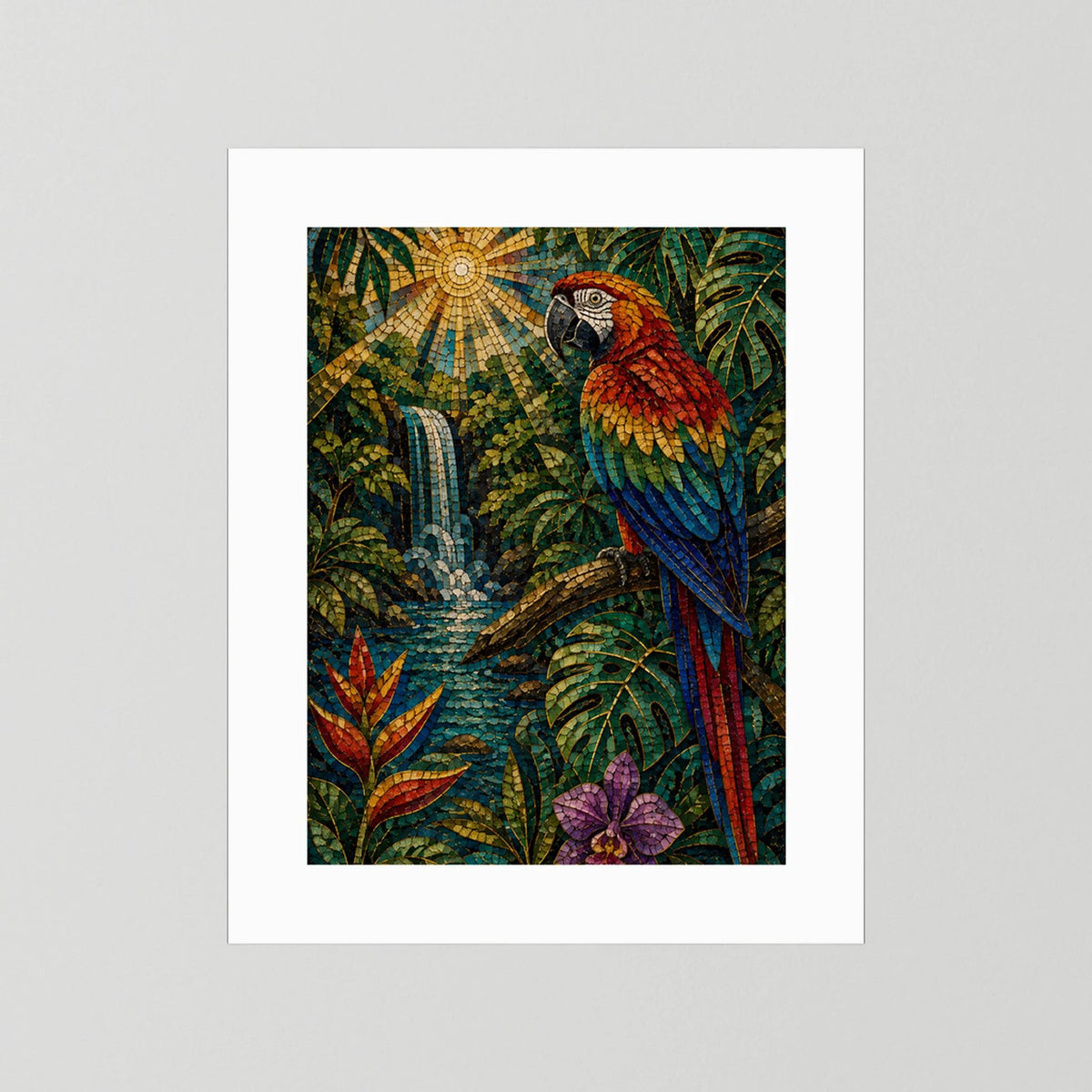 Hochformat-Poster mit Papagei-Mosaik in tropischem Grün, Sonne, Wasserlauf und Blüte