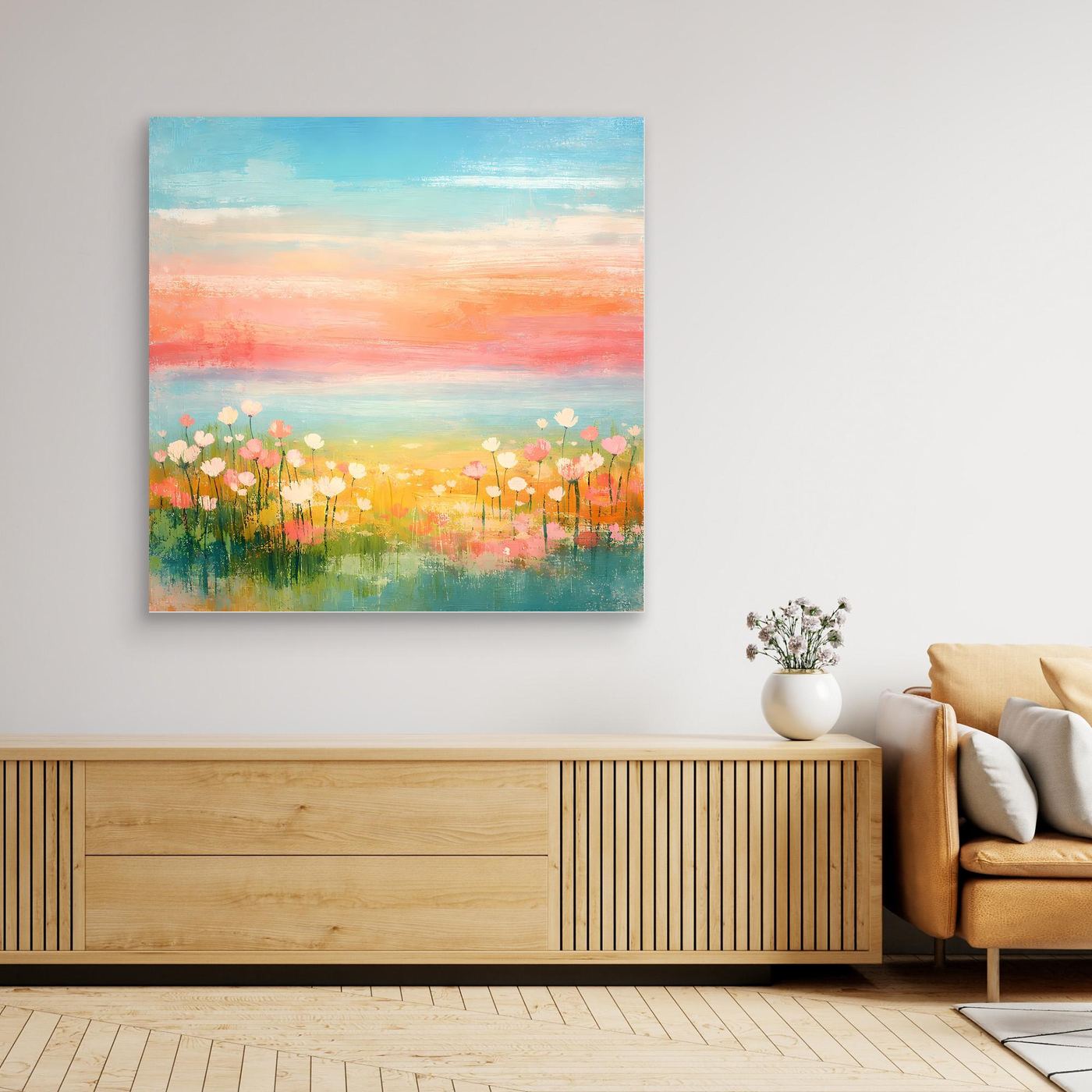 Leinwand-Wandbild mit Sonnenaufgang am Meer und bunten Blumen, ohne Rahmen