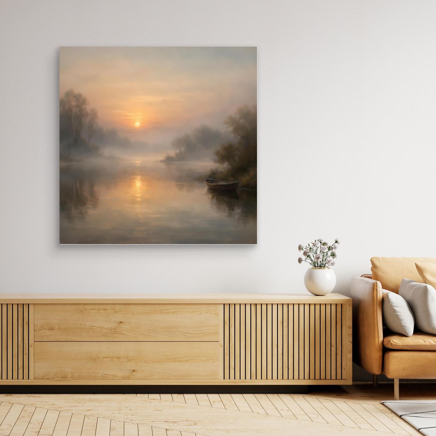 Quadratisches Leinwandbild mit nebligem Fluss, Sonnenaufgang, rahmenlos