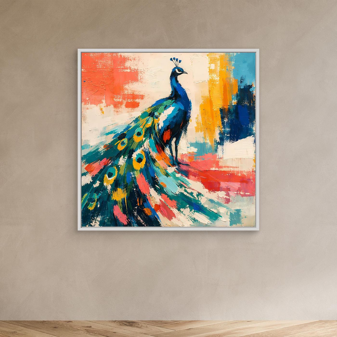 Peacock abstract wall canvas art with a white frame, blue peacock and colorful feathers