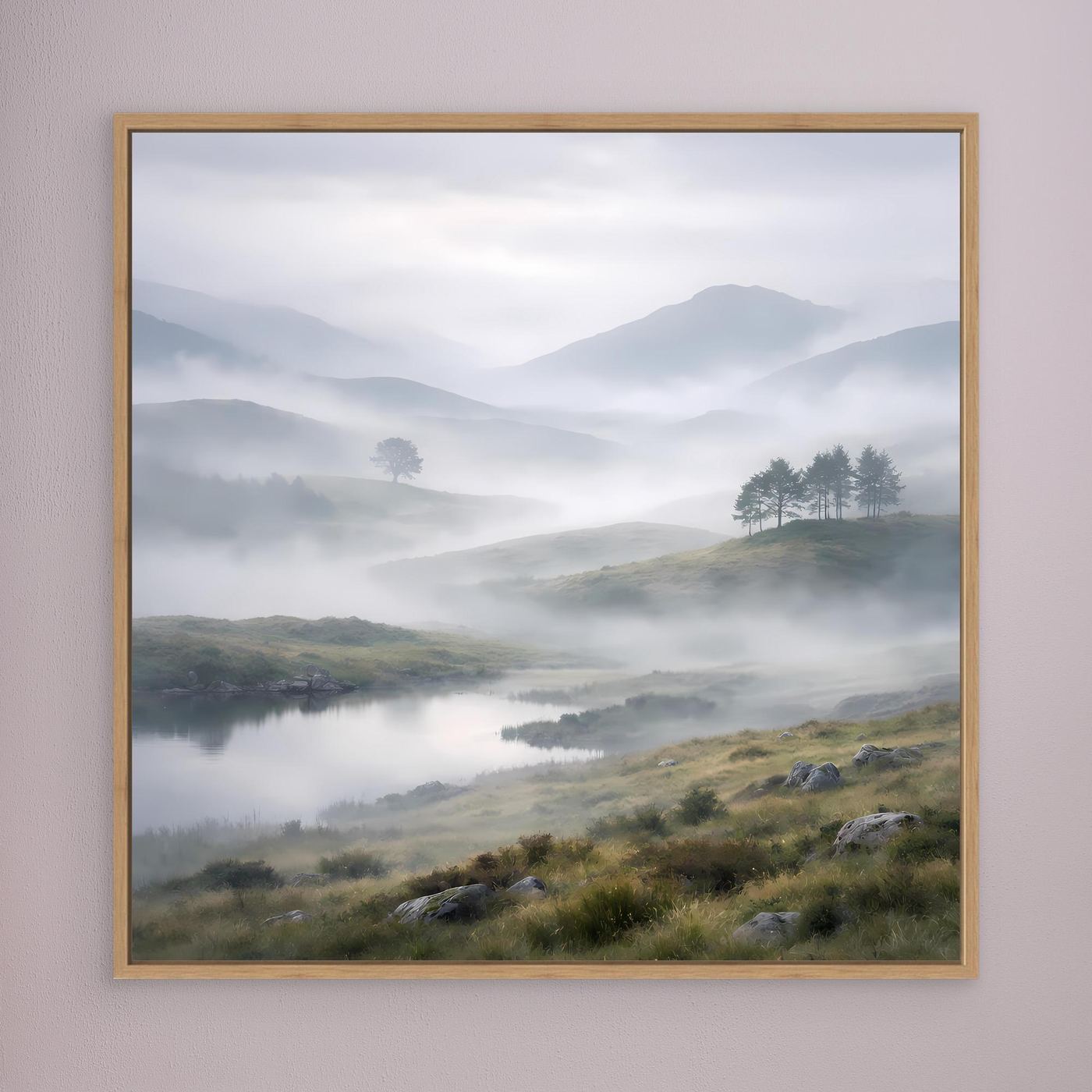 Leinwandbild mit Landschaft vom Bergsee im Nebel, brauner Holzrahmen