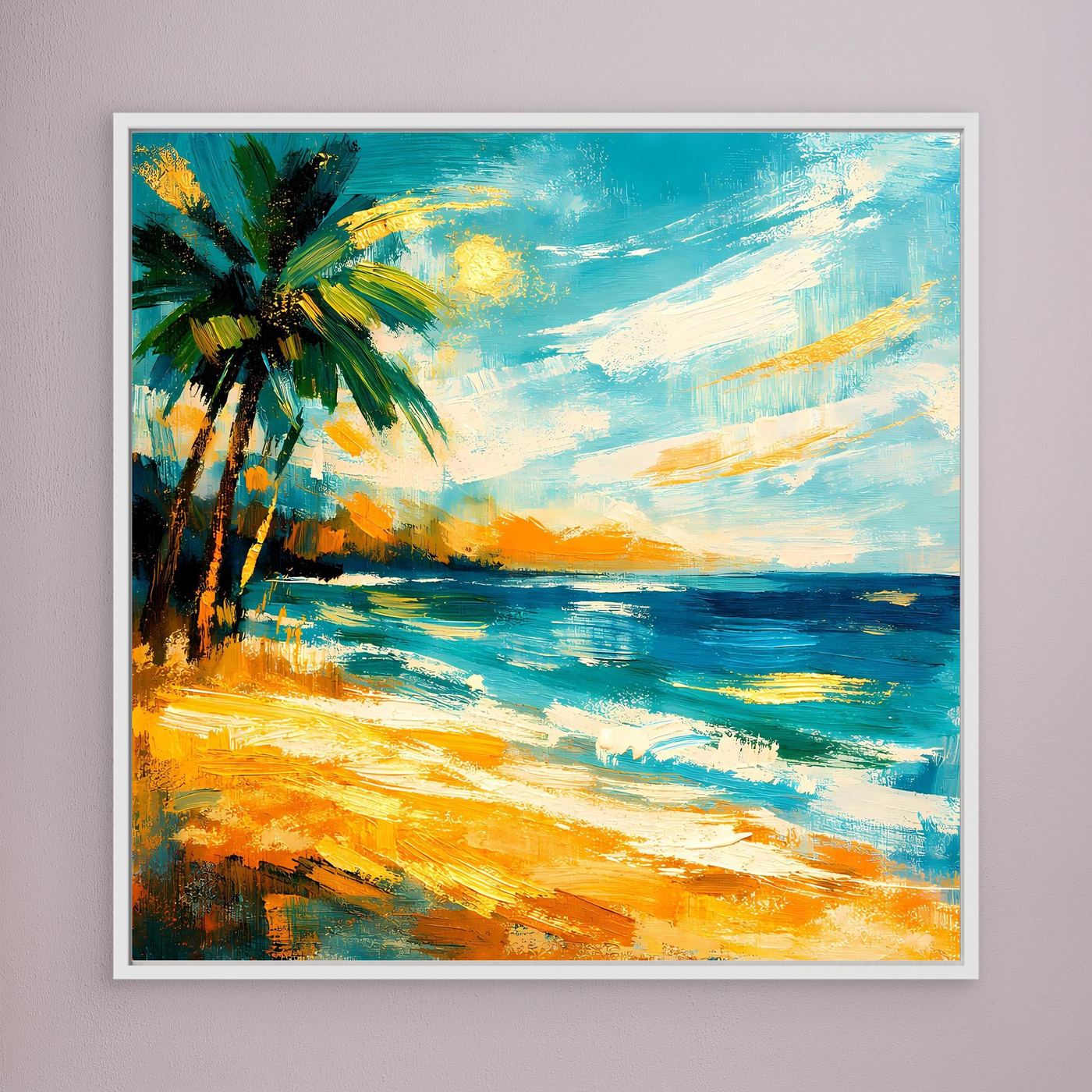 Leinwandbild mit Palme, Strand und Meer in Türkis, Orange und Gelb, weiß gerahmt