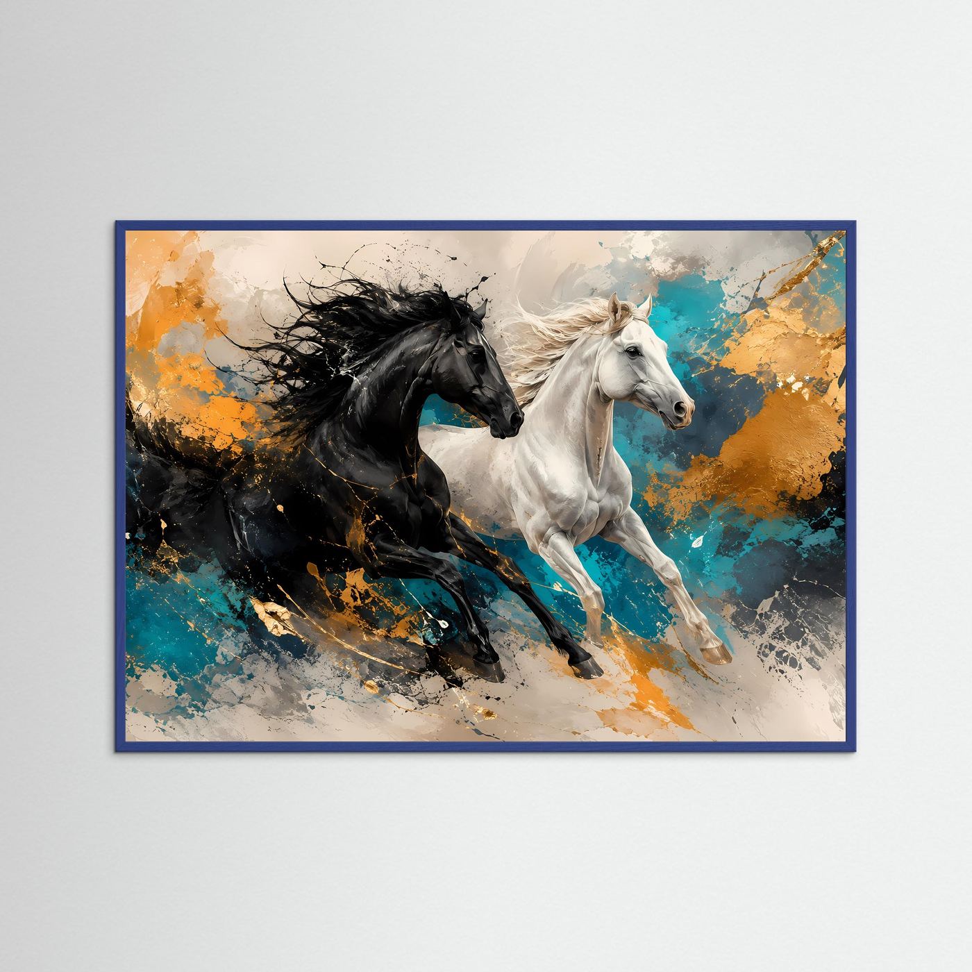 Dynamik in Perfektion | Abstraktes Pferde & Galopp Poster mit Gold- und Ozean-Akzenten