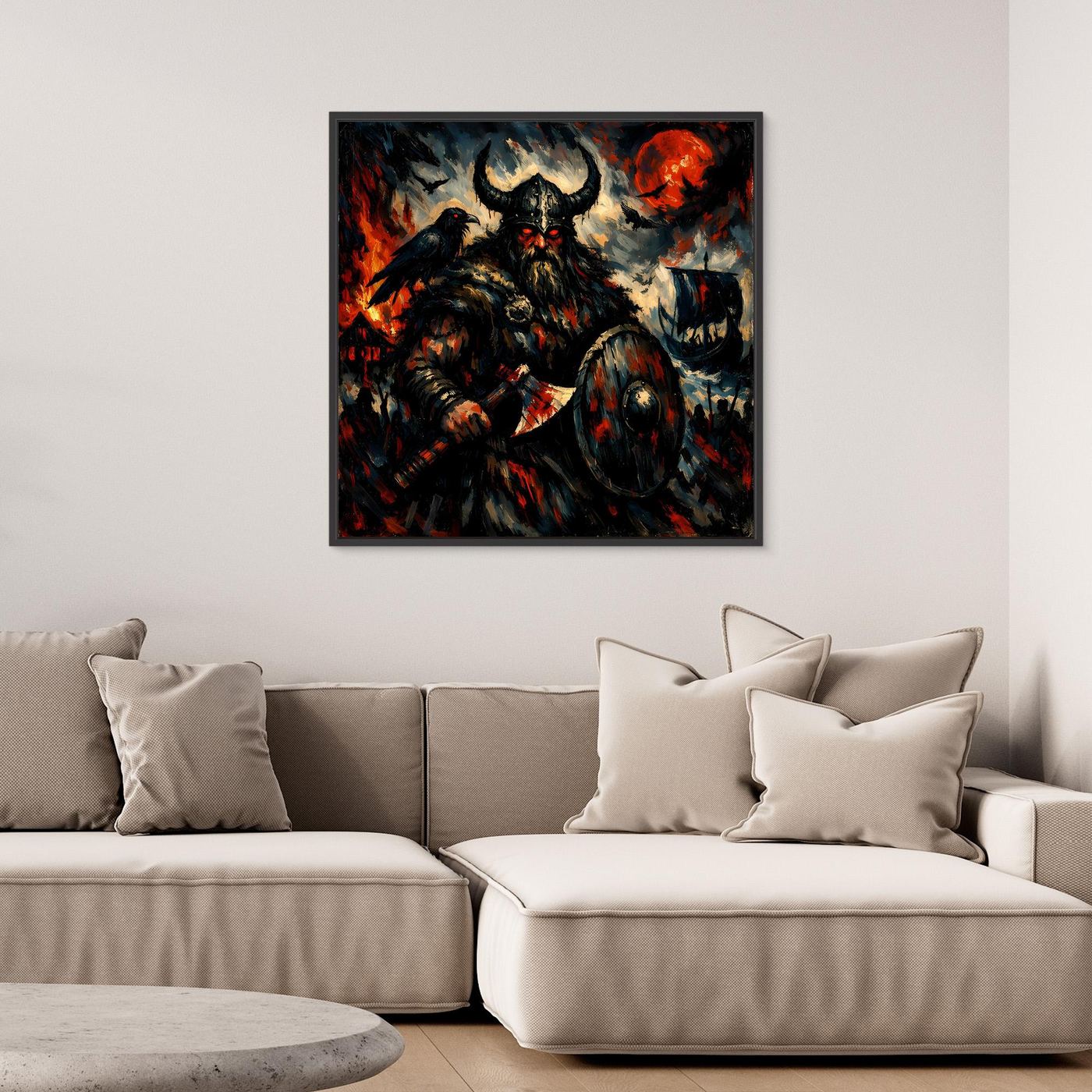 Leinwand Düsterer Wikinger-Krieger unter dem Blutmond | Expressives Nordmann Wandbild