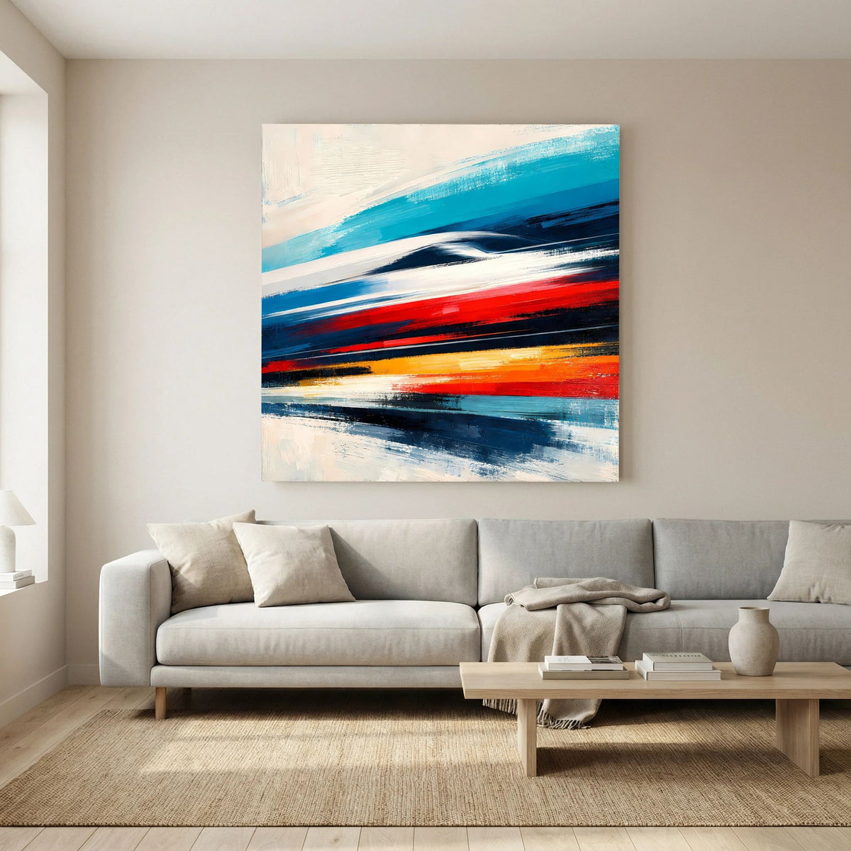 Abstraktes Leinwandbild mit Farbverlauf und Pinselstreifen in Blau, Rot und Orange
