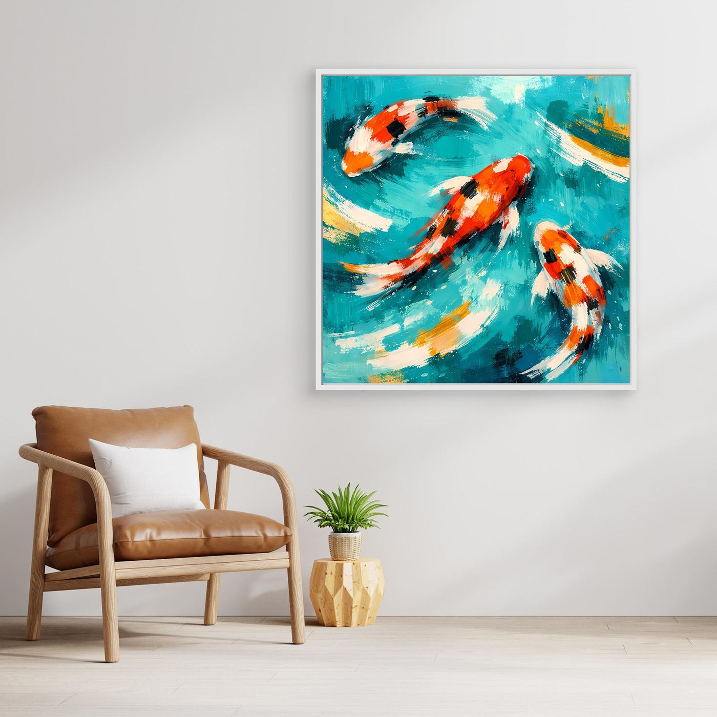 Leinwand Dynamische Koi-Karpfen im smaragdgrünen Wasser | Fernöstliches Wandbild auf Keilrahmen