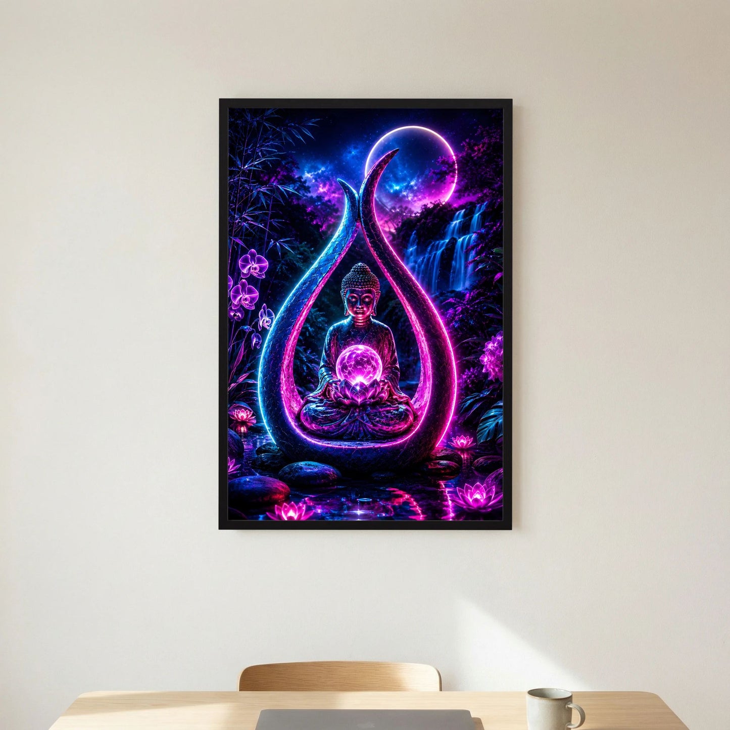 Neon-Poster im Hochformat: Buddha auf Lotus mit leuchtendem Schein, schwarzer Rahmen