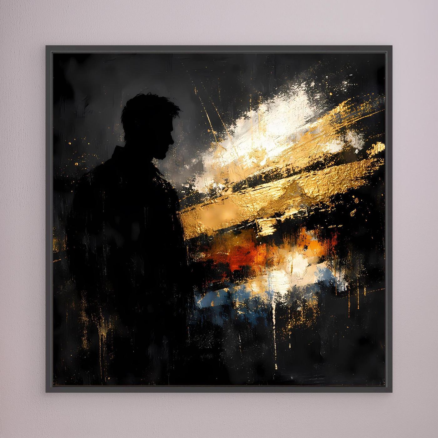 Leinwand Markante Silhouette in Gold und Schwarz | Modernes Abstraktes Männer Portrait Wandbild