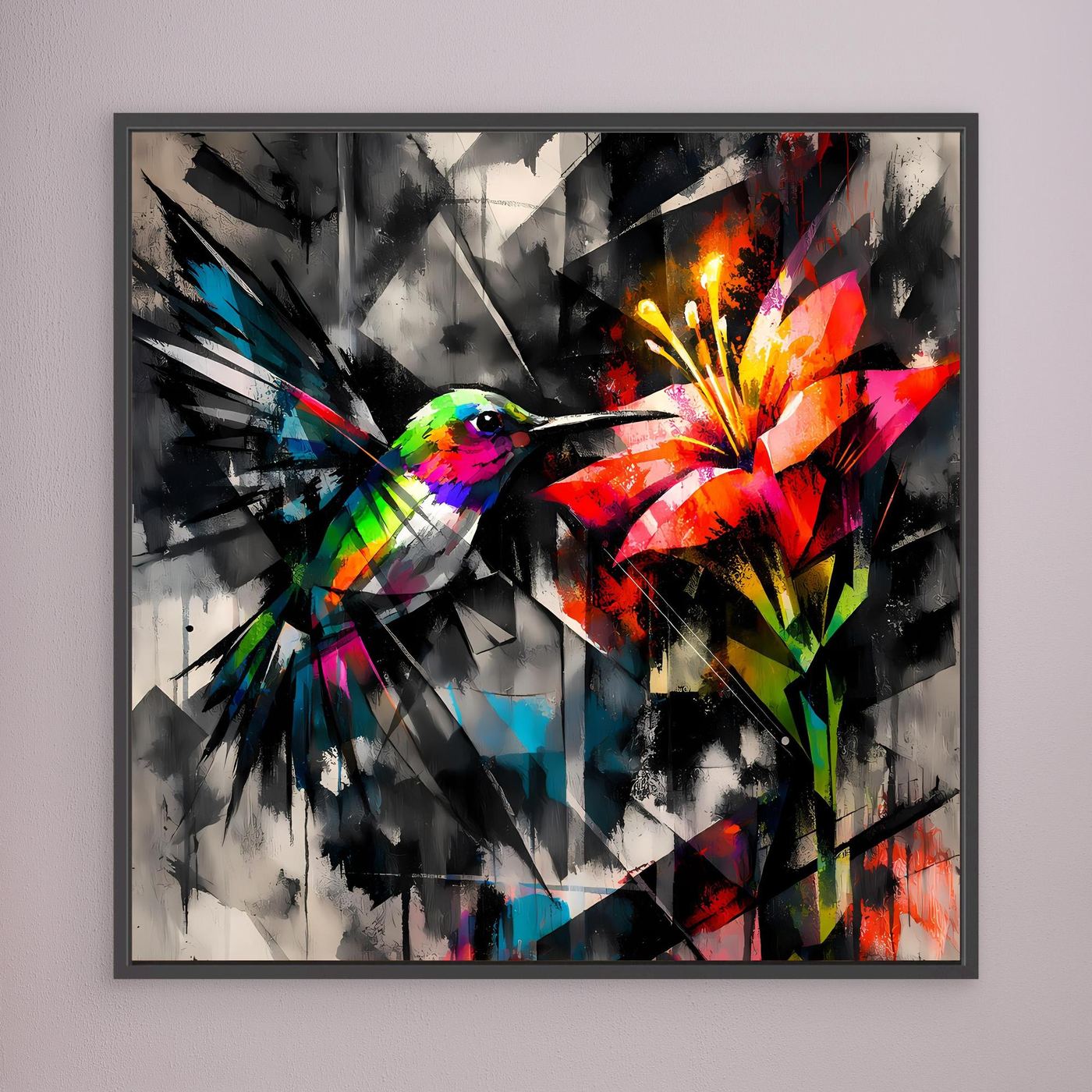 Leinwandbild Farbintensiver Kolibri | Abstraktes Geometrisches Wandbild auf Keilrahmen