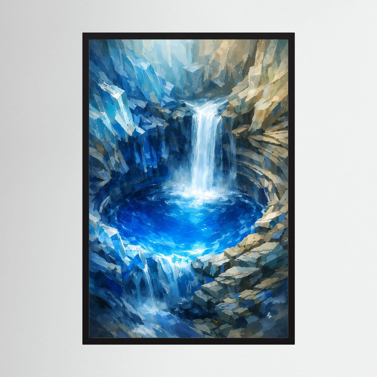 Poster im Hochformat mit abstraktem Wasserfall in Blau/Türkis, schwarzer Rahmen