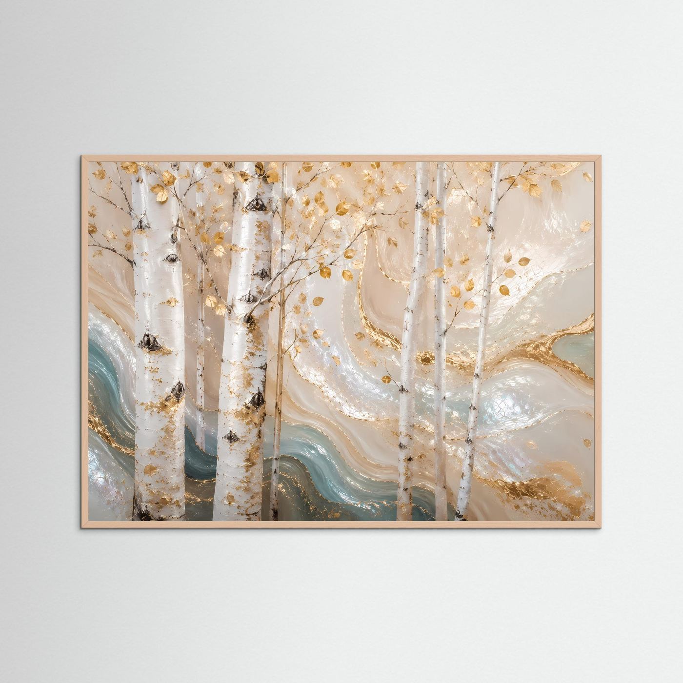 Wandposter Birkenwald in Creme und Gold im rosafarbenen Holzrahmen, querformatig