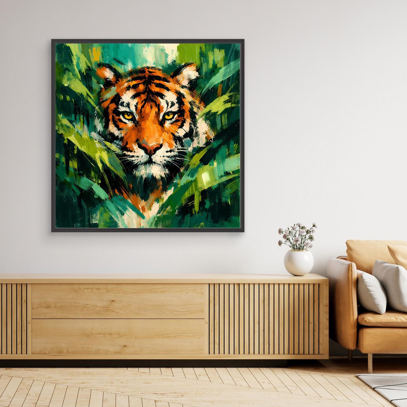Leinwand Abstraktes Tiger Gemälde | Modernes Wandbild Raubkatze Dschungel Grün Orange
